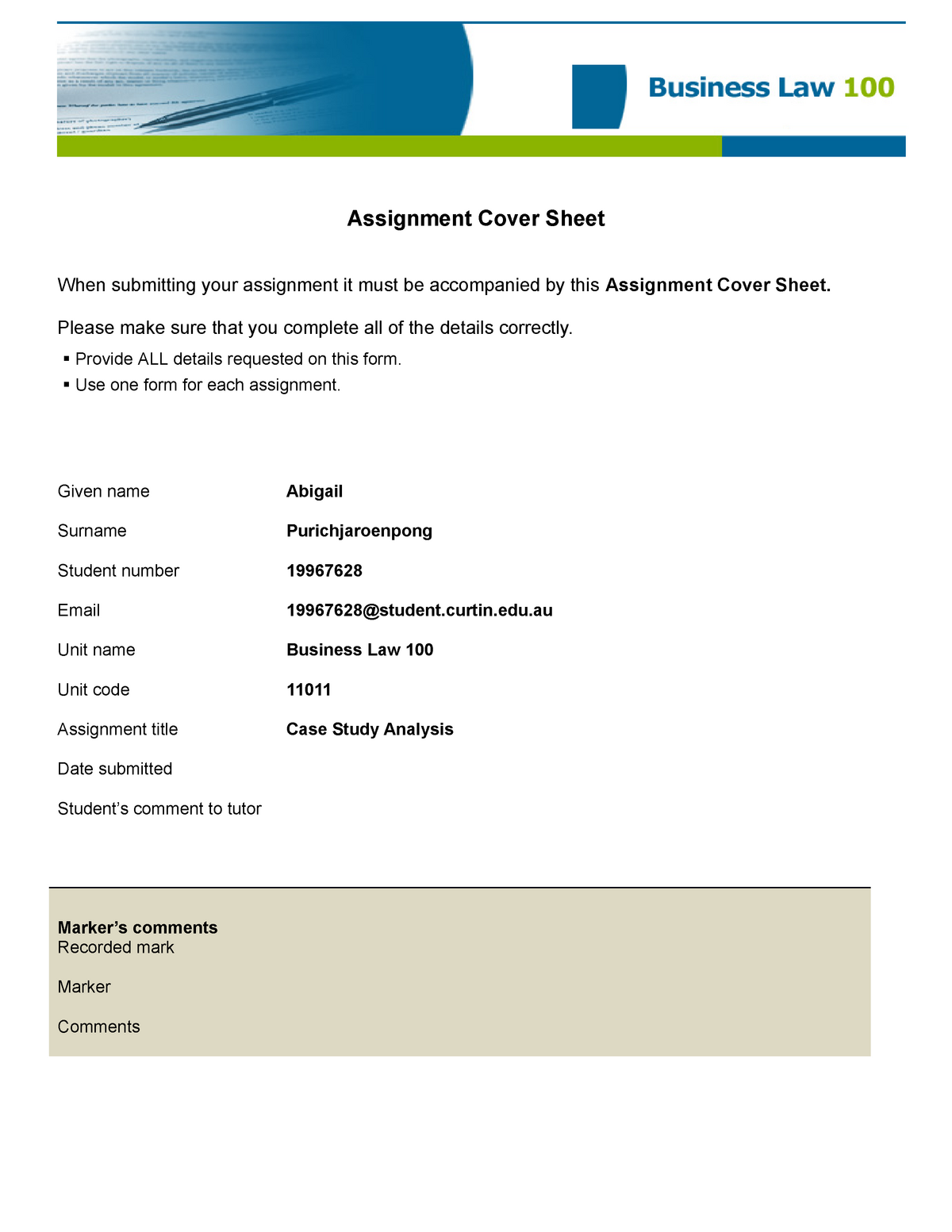 curtin engineering assignment cover sheet