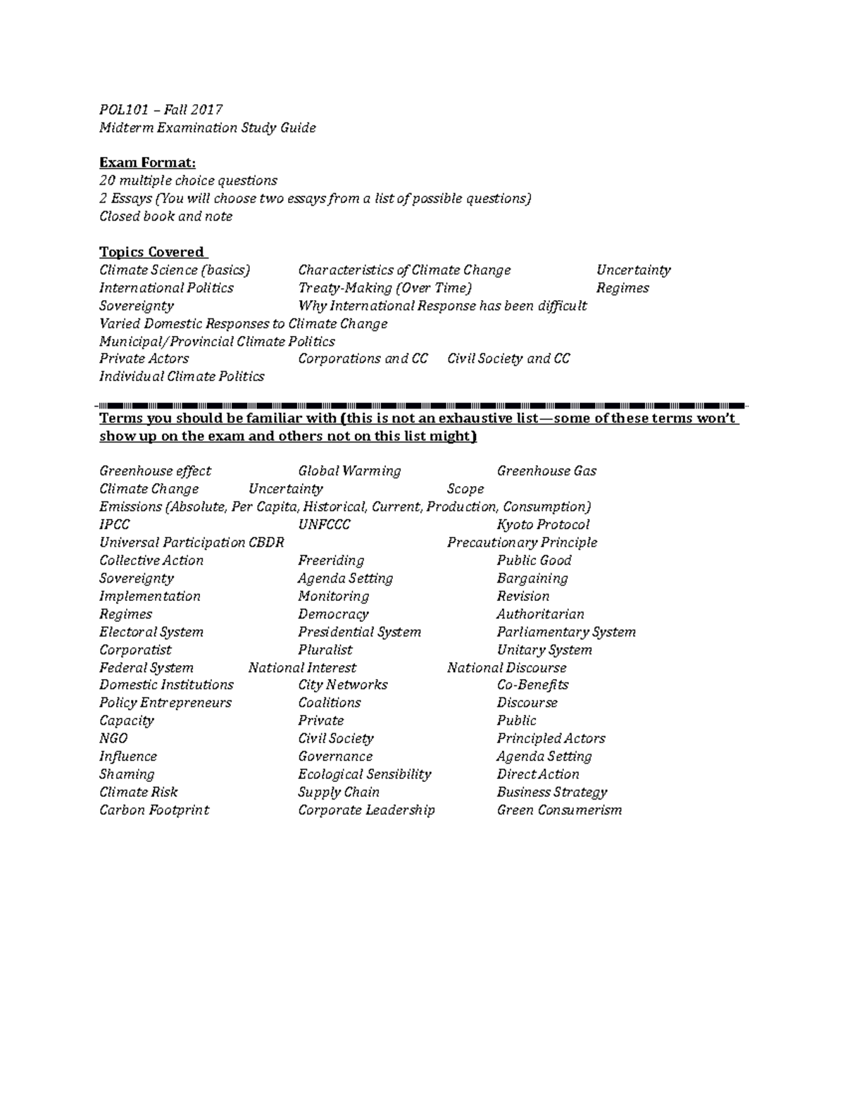 Midterm Exam Study Guide - POL101 Fall 2017 Midterm Examination Study ...