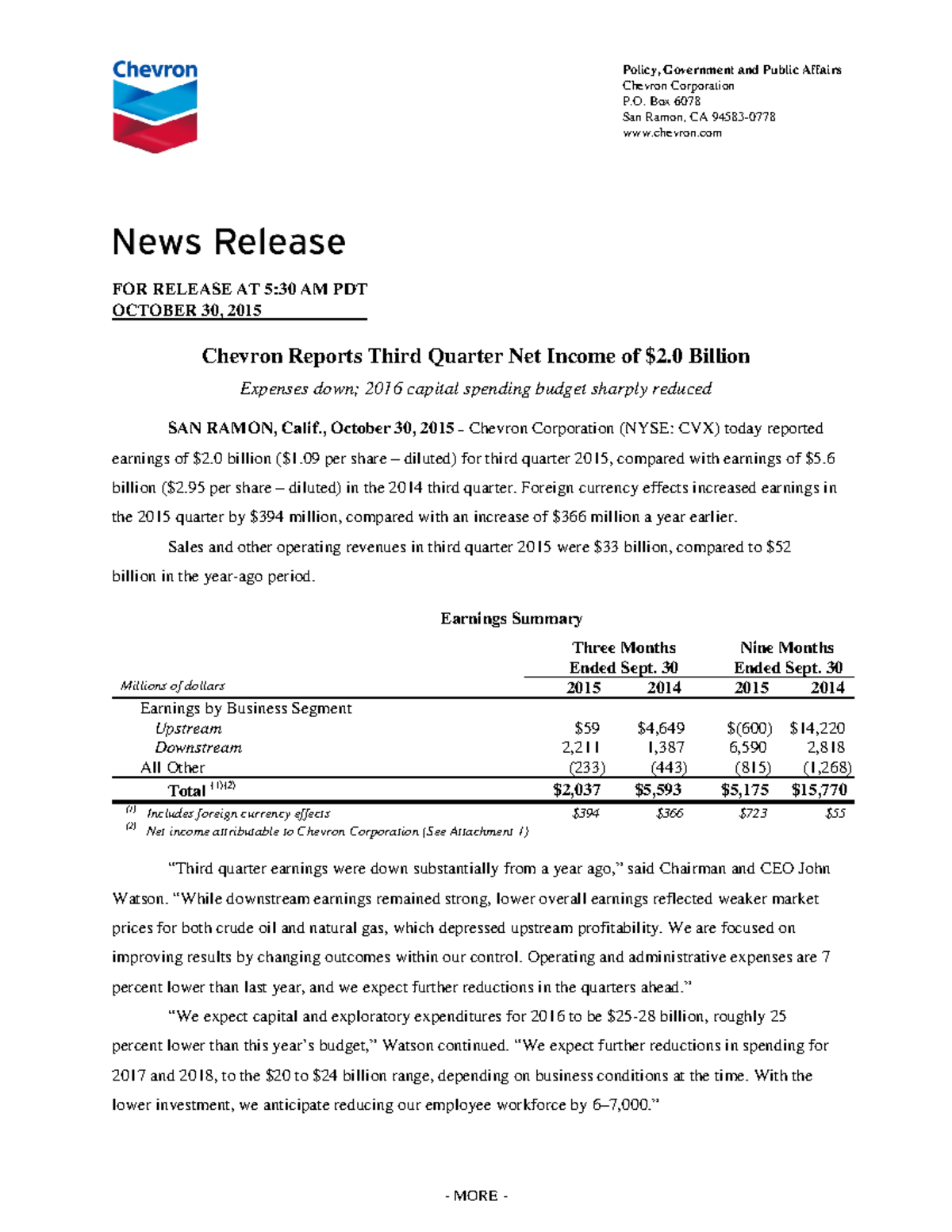 2015 3Q Earnings Press Release - Afm 102 - UWaterloo - Studocu