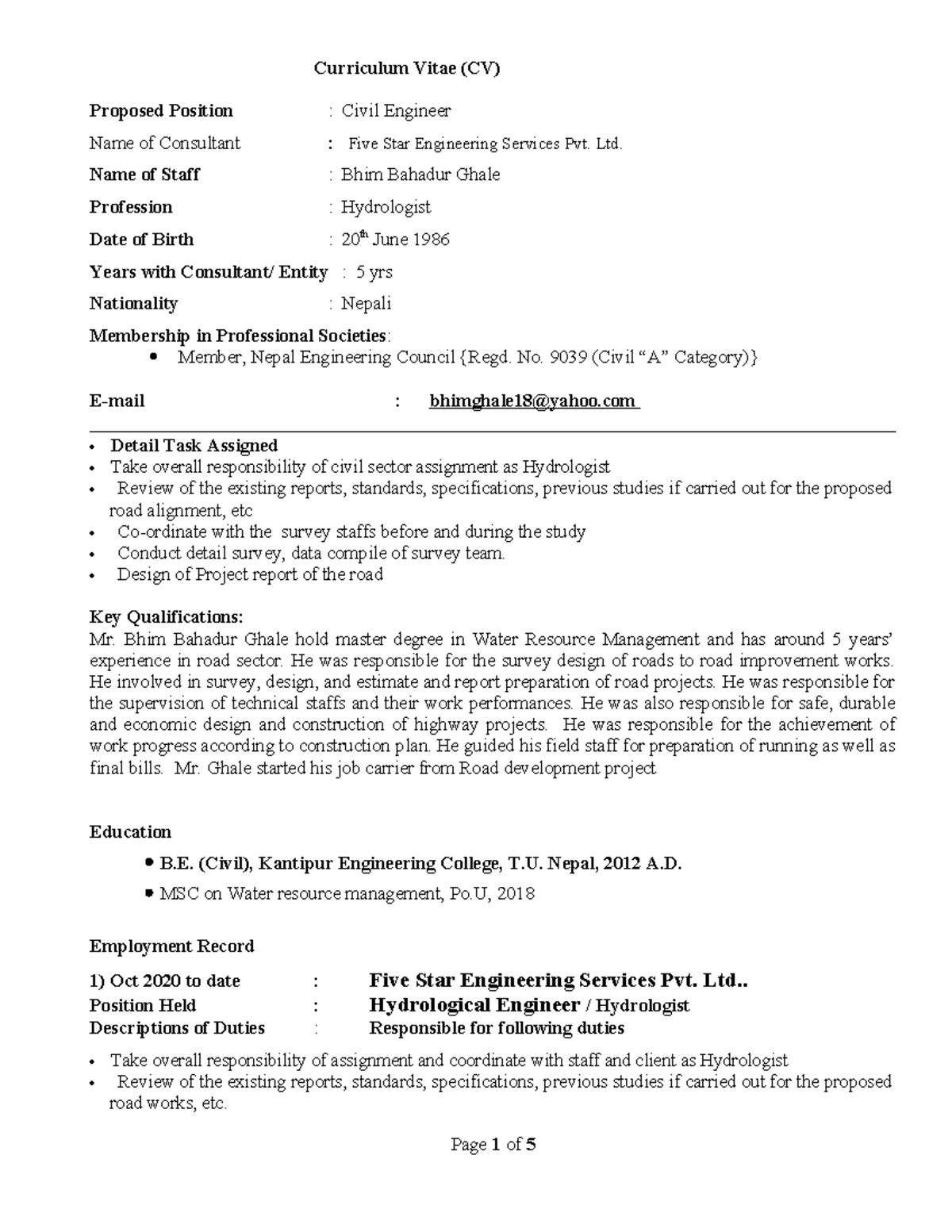 Bhim Ghale-Civil Engineer - Curriculum Vitae (CV) Proposed Position ...