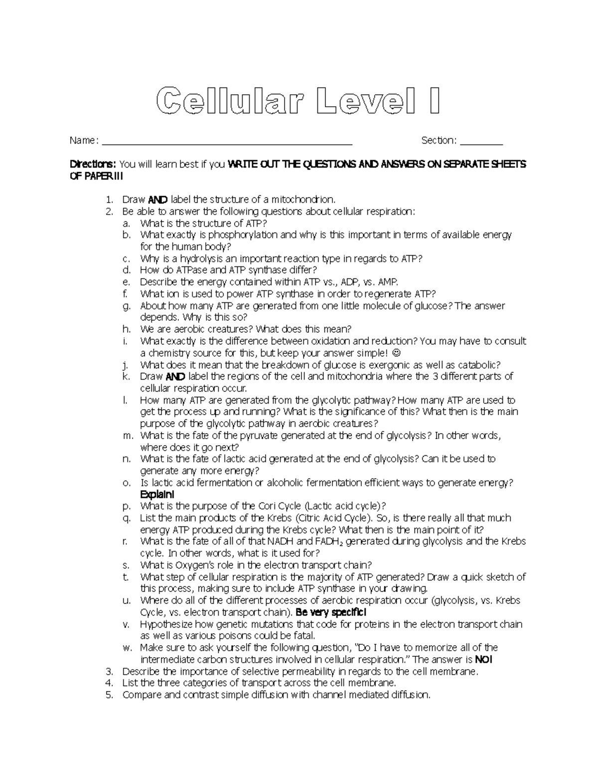 Cellular Level Review Guide - Name ...