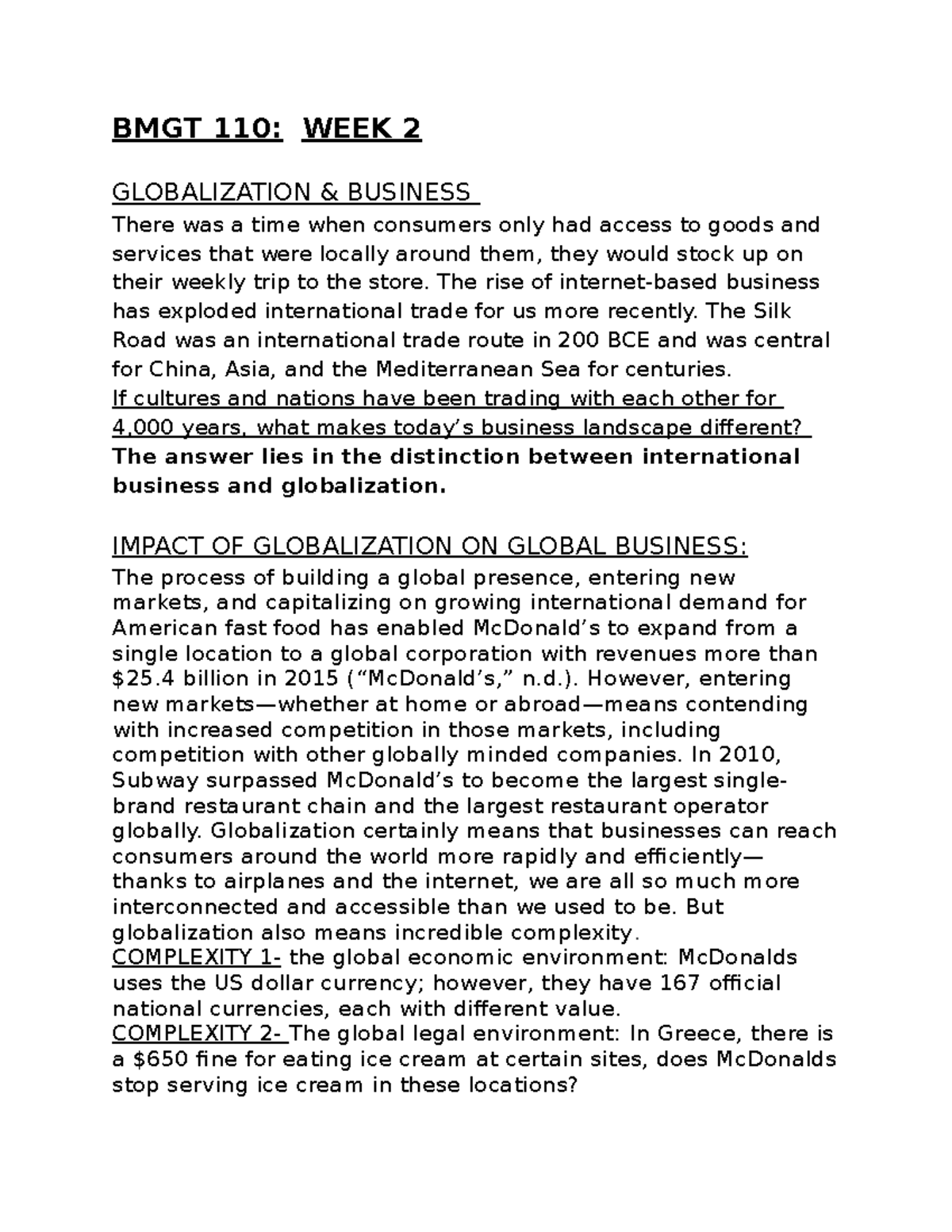 BMGT 110 Globalization W2 - BMGT 110: WEEK 2 GLOBALIZATION & BUSINESS ...