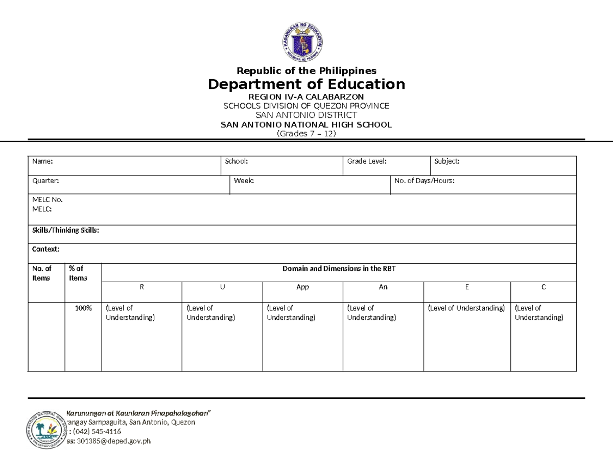 Multi Dimensional Assessment TOOL Template Republic of the