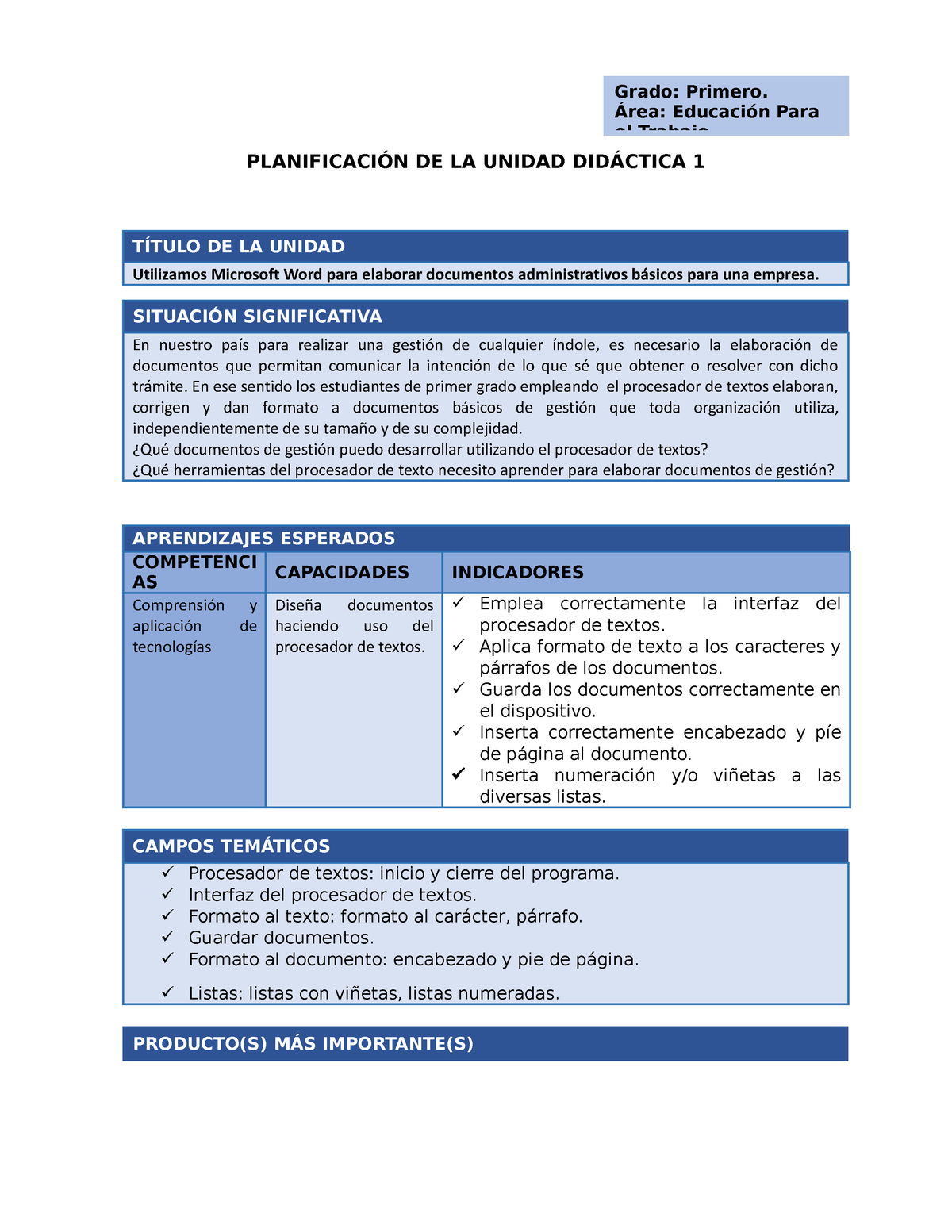 EPT1- Unidad 1 - PLANIFICACIÓN DE LA SESIÓN DE APRENDIZAJE SESION ...