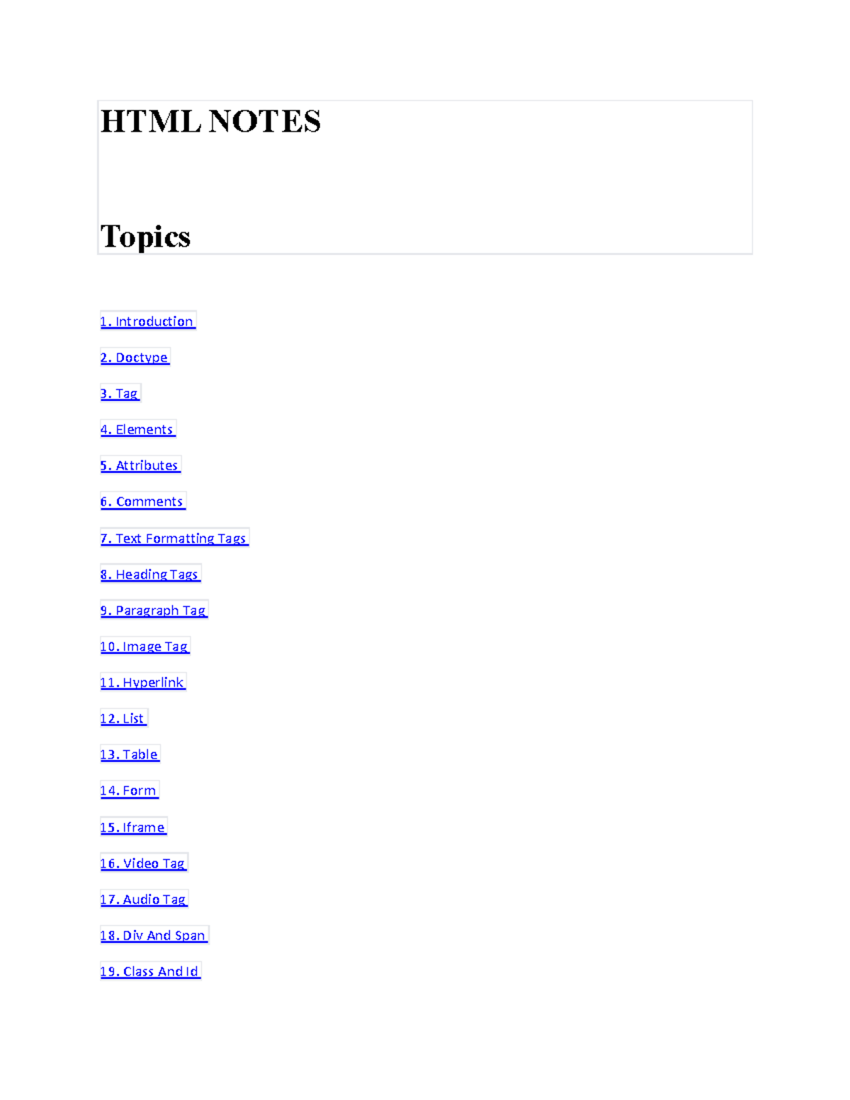 HTML Notes QSP - HTML NOTES Topics Introduction Doctype Tag Elements ...