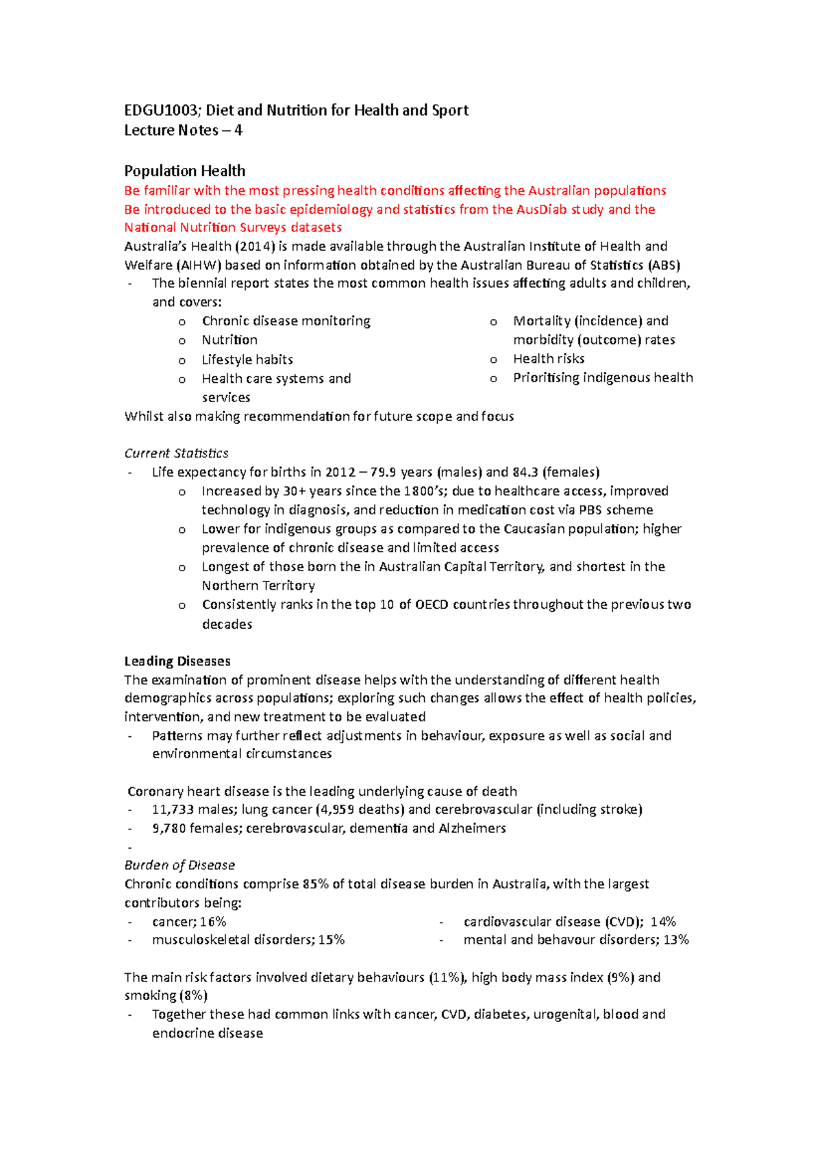 EDGU1003 - Lecture Notes 4 - EDGU1003; Diet and Nutrition for Health ...