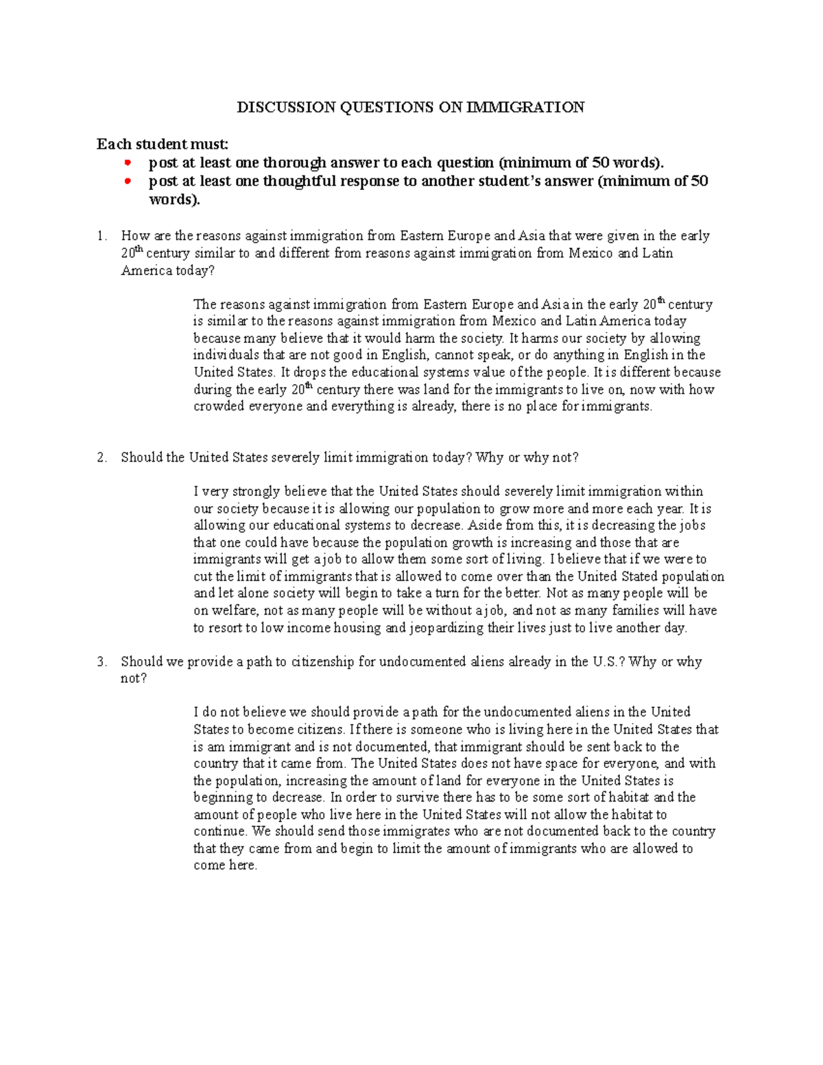 Discussion Questions Immigration SP14 DISCUSSION QUESTIONS ON