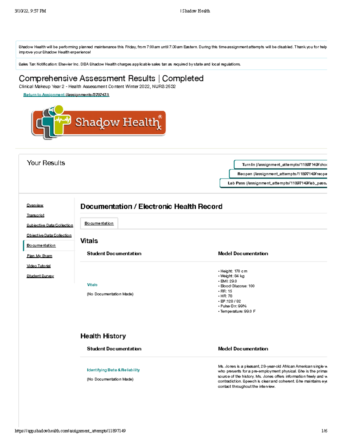 Shadow Health Tina Jones Focused Exam Documentation - Comprehensive ...