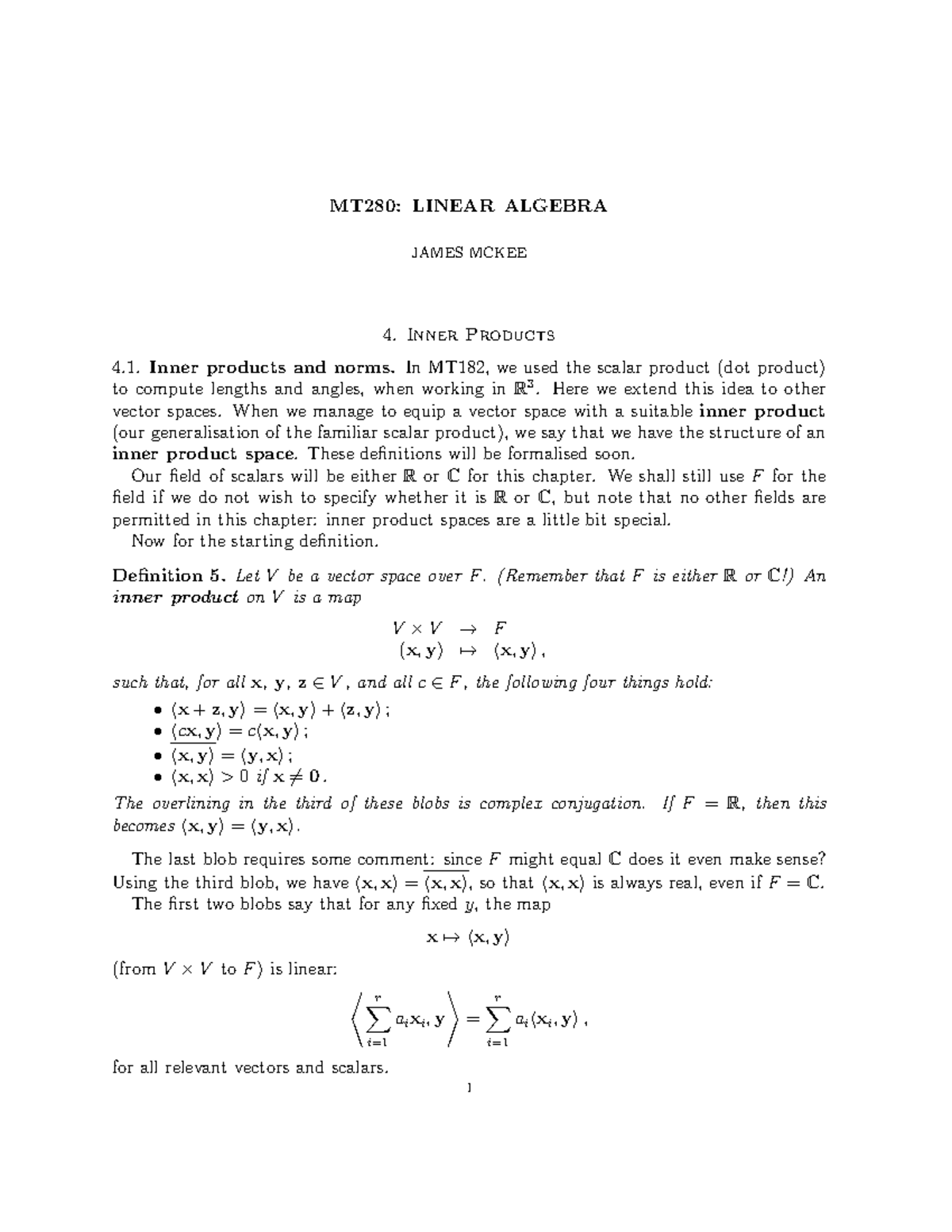 MT2800 Chapter 4 - MT280: LINEAR ALGEBRA JAMES MCKEE Inner Products ...