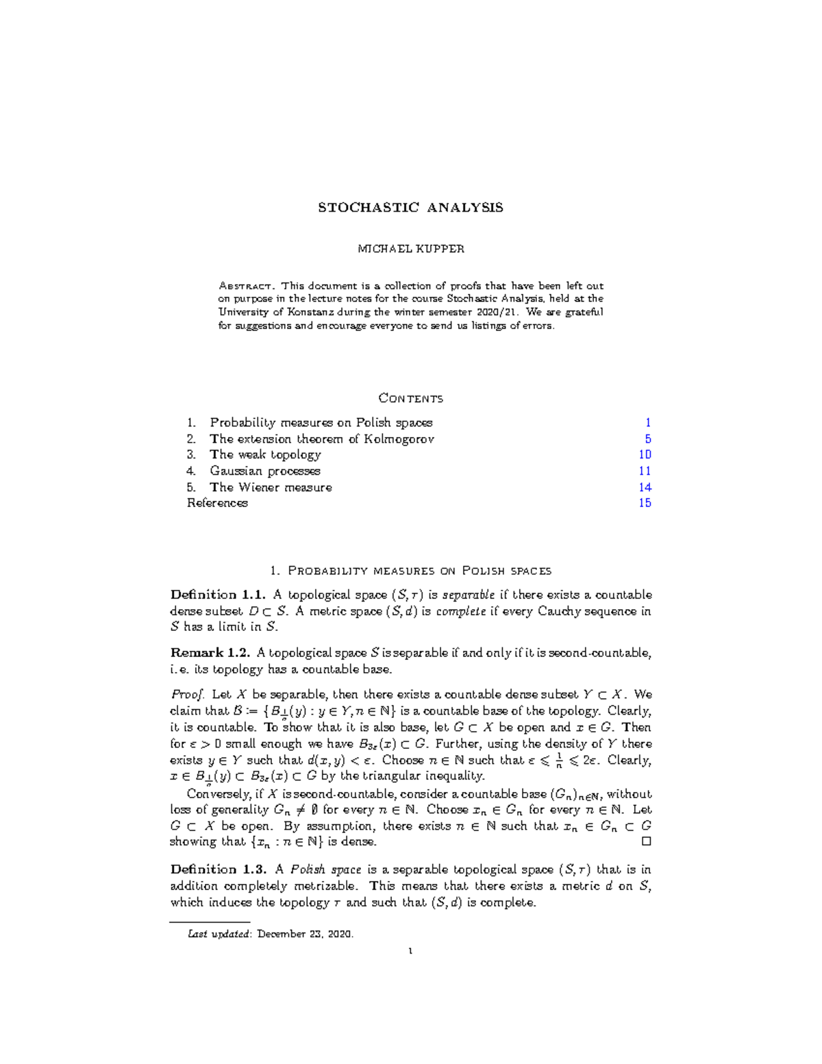 Lecture Notes For The Course Stochastic Analysis - We Are Grateful For ...