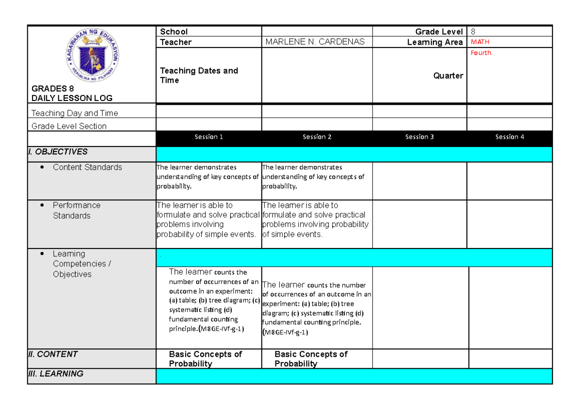 Daily Lesson Log Grade 8 Quarter 4 Week 54B - GRADES 8 DAILY LESSON LOG ...