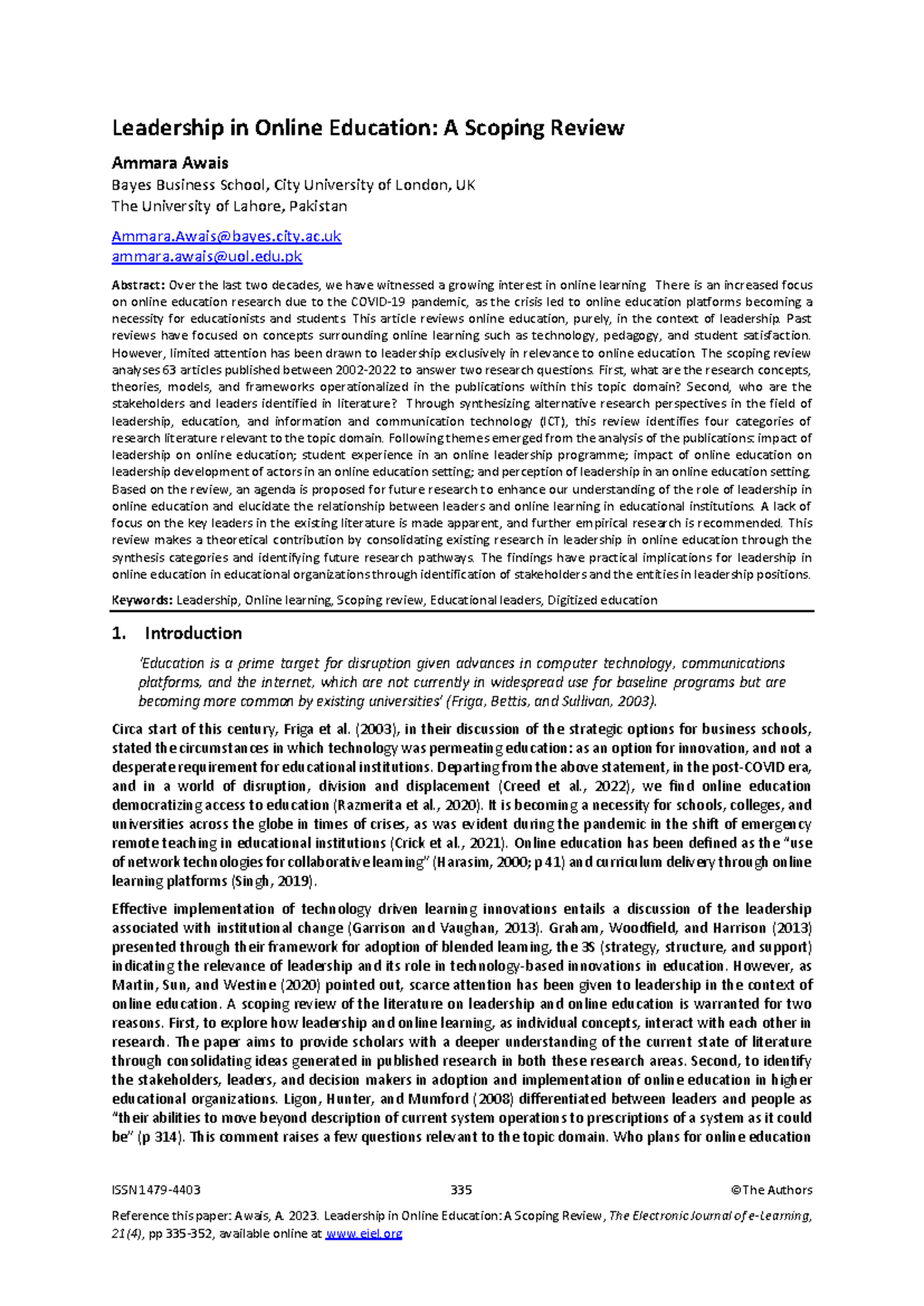 Leadership in Online Education A Scoping Review - ISSN 1479- 4403 335 ...