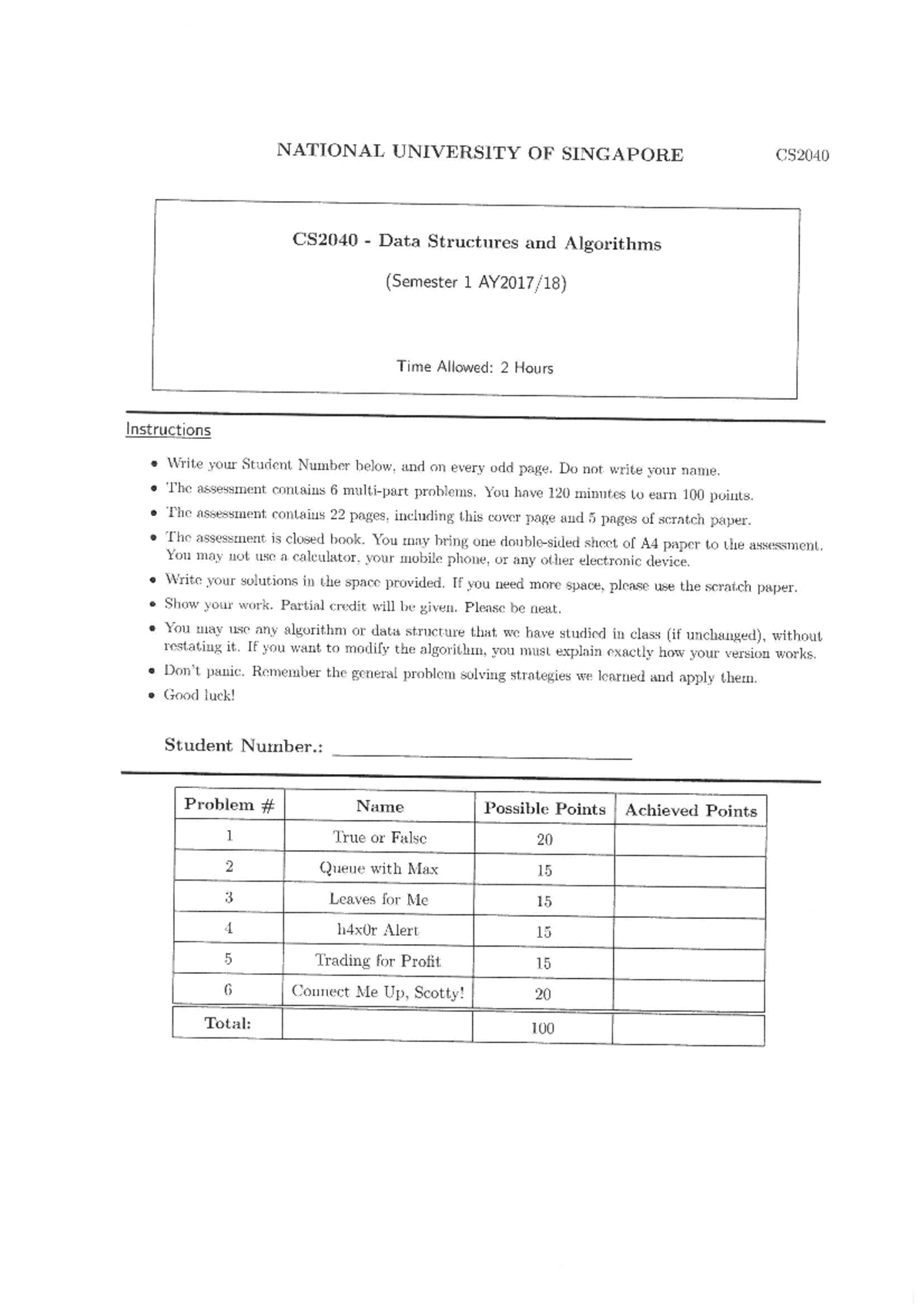 Final 2012, questions - CS2040 - Studocu