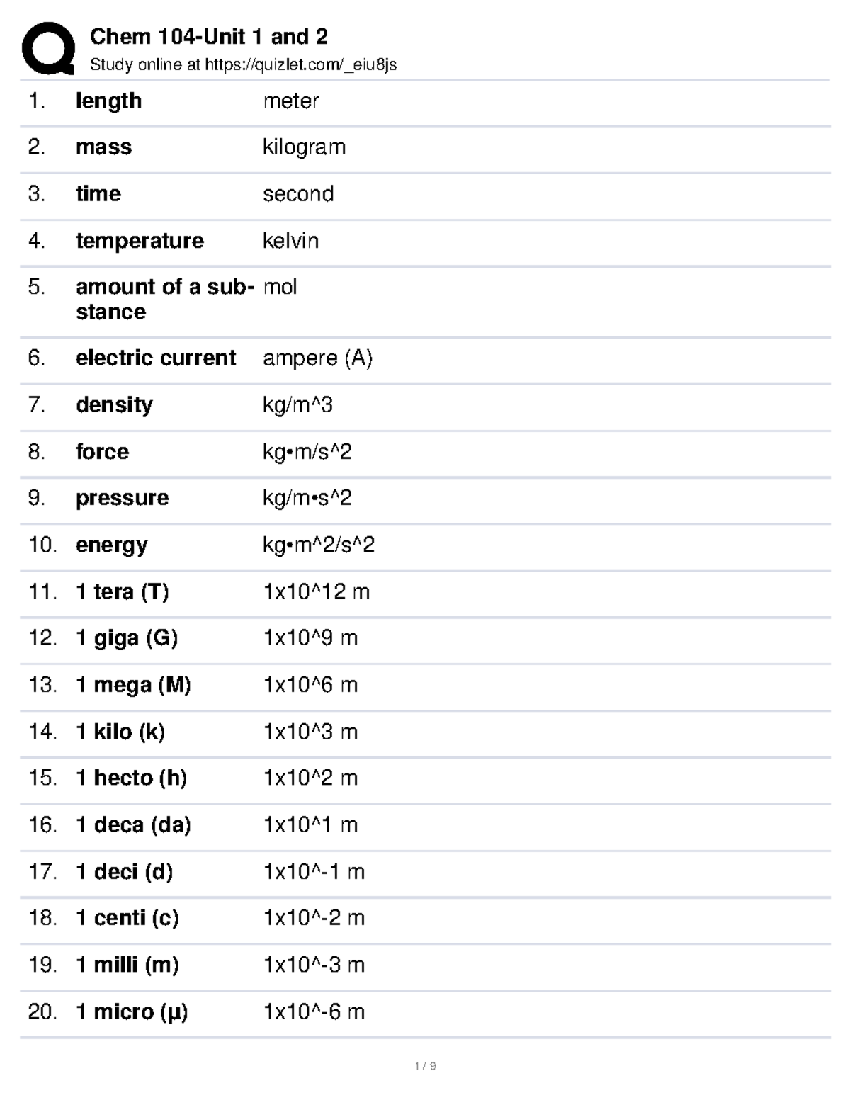 Units 1 and 2 Key Terms Study online at quizlet/_eiu8js length meter