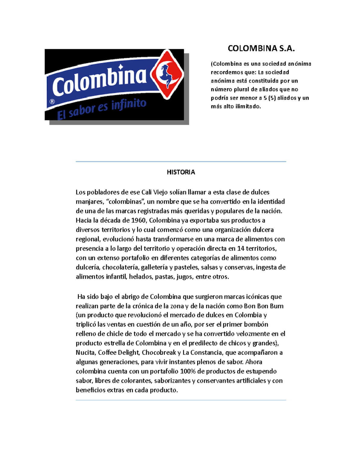 Finanzas Previo Resumenn Colombina S Colombina Es Una Sociedad An Nima Recordemos Que