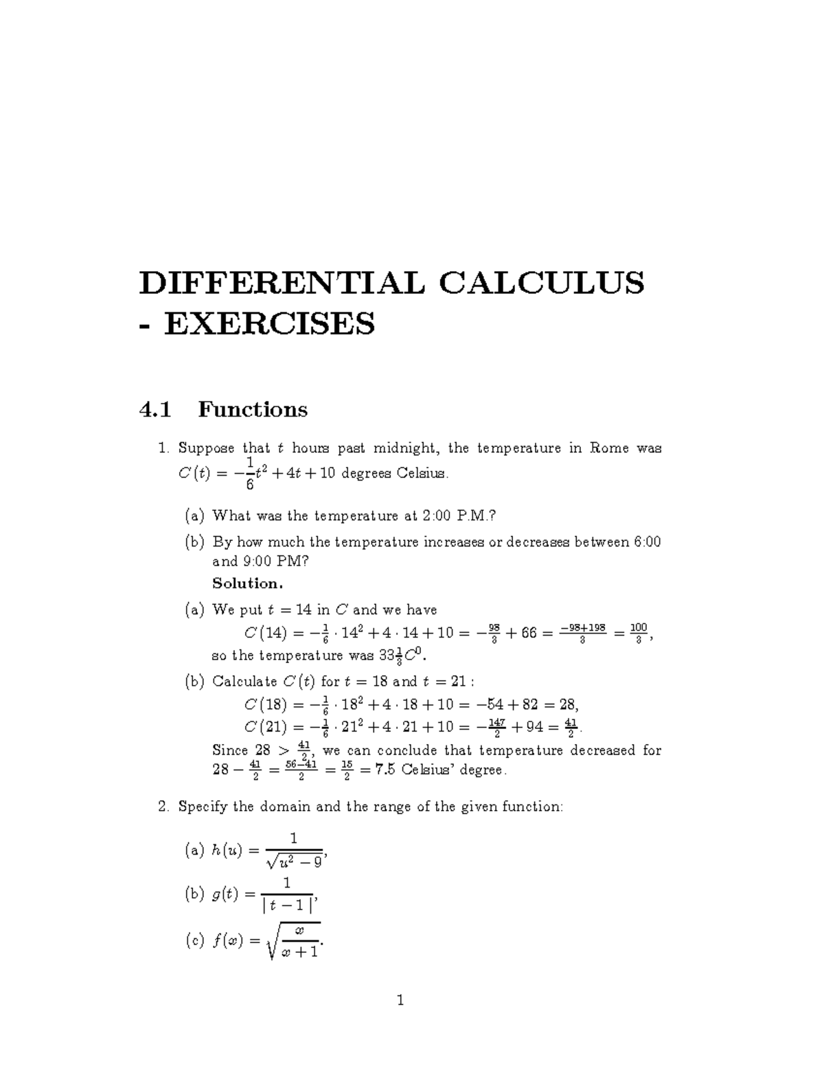 Differentials Calculus DIFFERENTIAL CALCULUS EXERCISES 4 Functions Suppose that t hours past