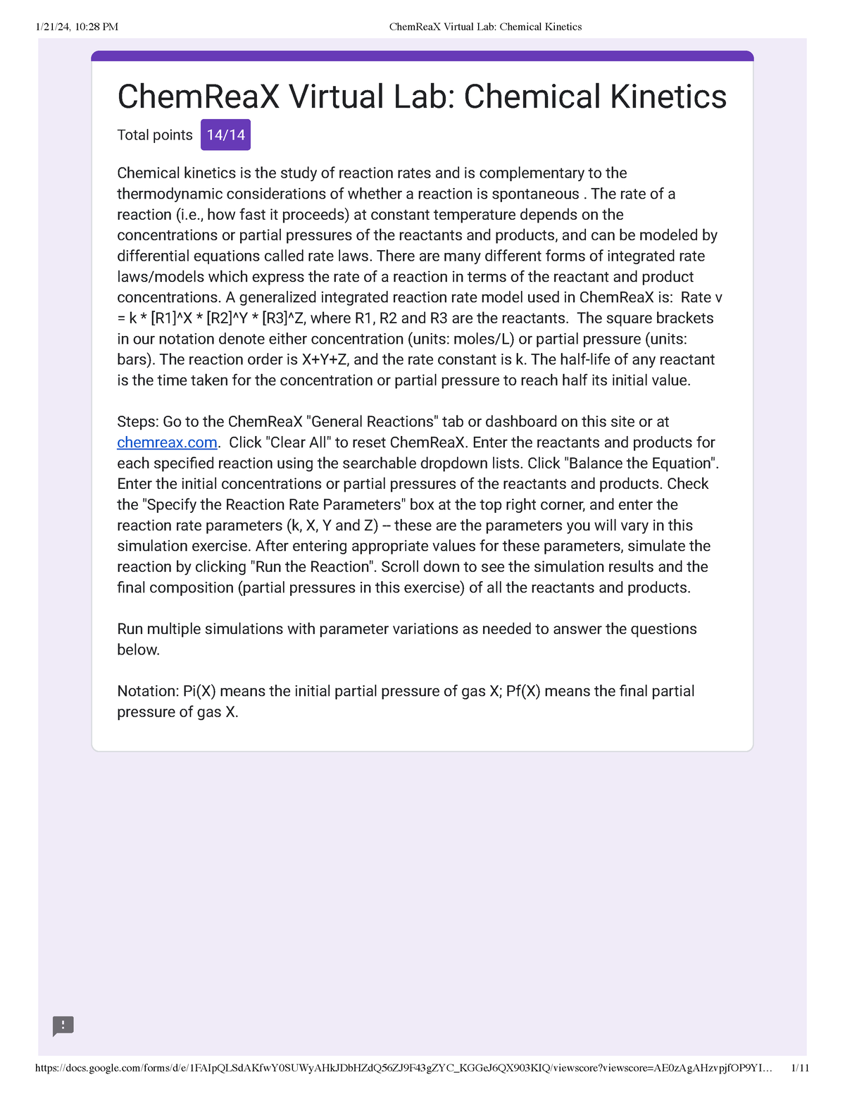 Chem Rea X Virtual Lab Chemical Kinetics - ChemReaX Virtual Lab ...