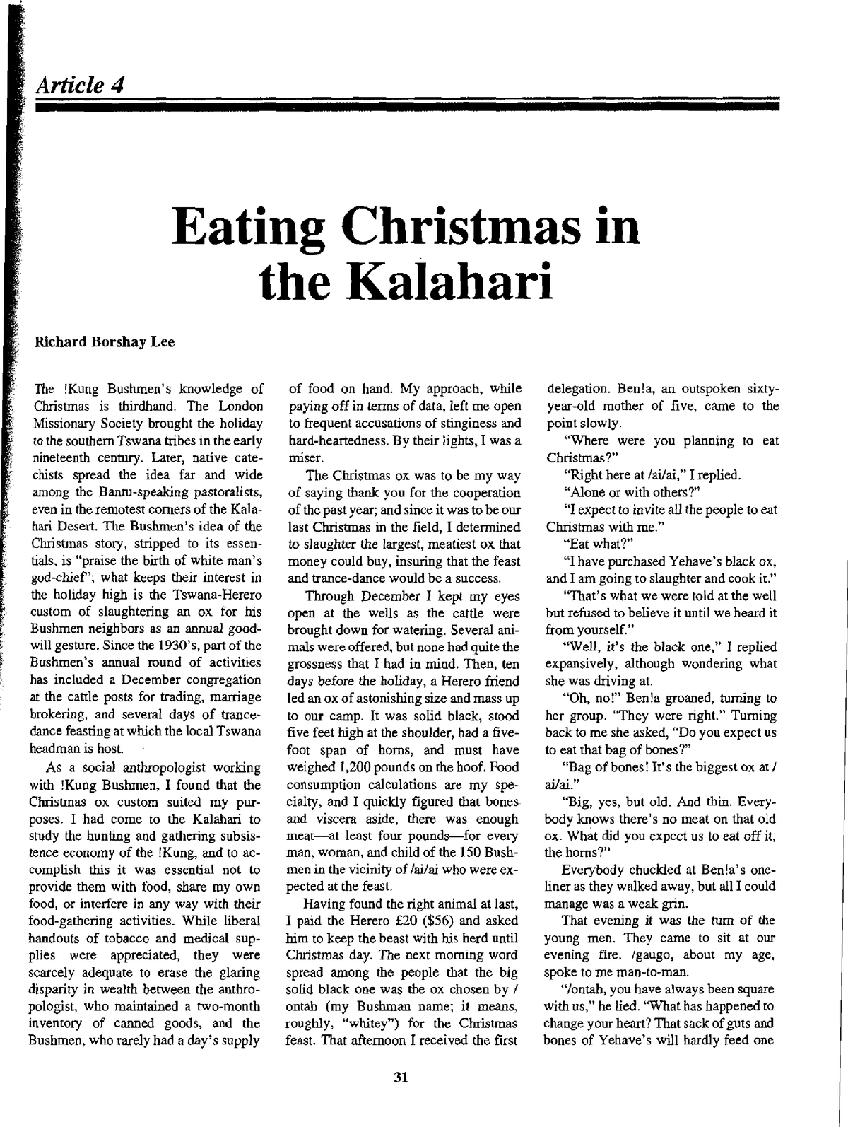 Lee 1969-Eating Christmas Kalahari - Eating Christmas in the Kalahari  Richard Borshay Lee The !Kung - Studocu