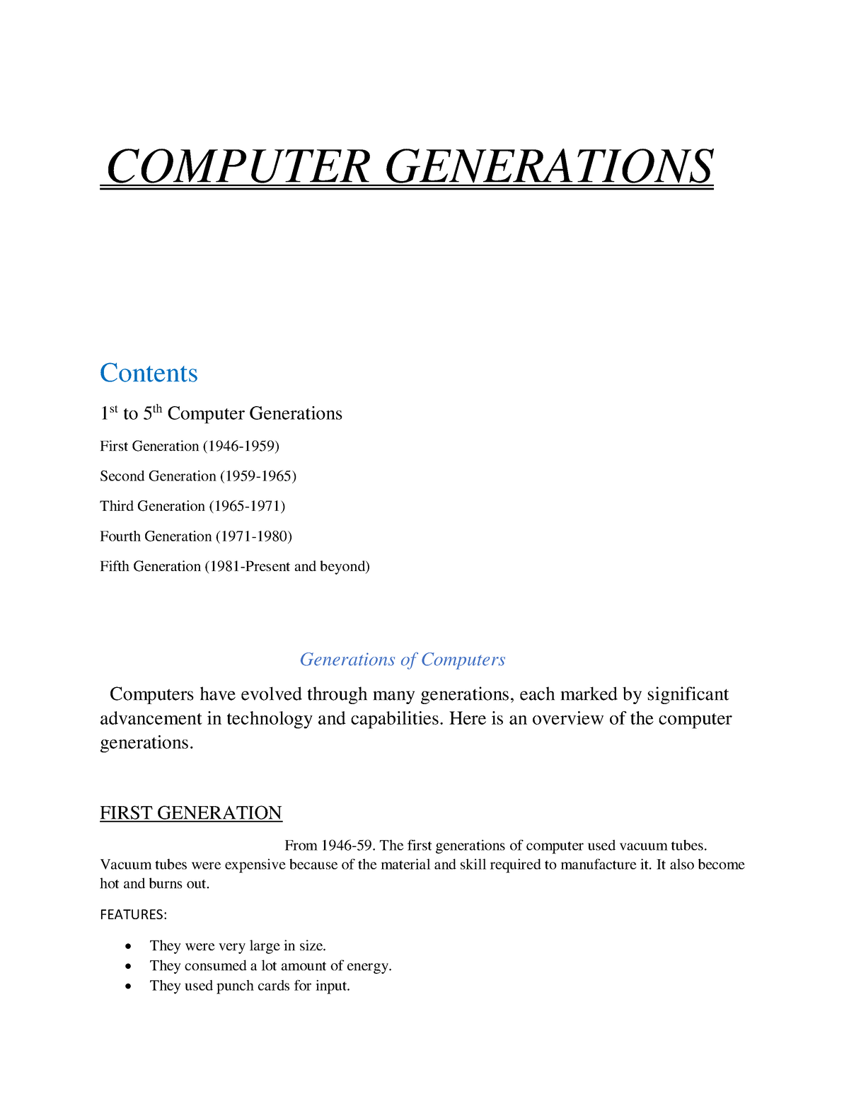 Computer Generations - COMPUTER GENERATIONS Contents 1 st to 5th Computer  Generations First - Studocu