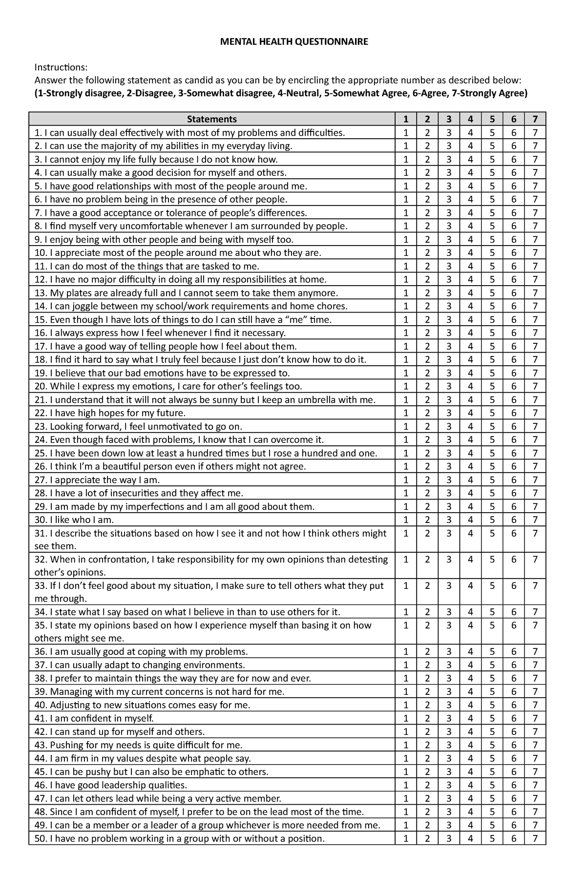 Mental Health Questionnaire For NSTP Students - MENTAL HEALTH ...