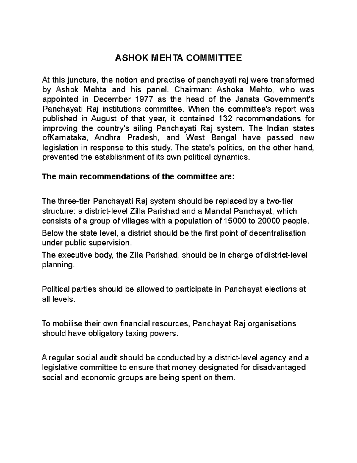 Ashok Mehta Committee Lecture notes 1 ASHOK MEHTA COMMITTEE At this