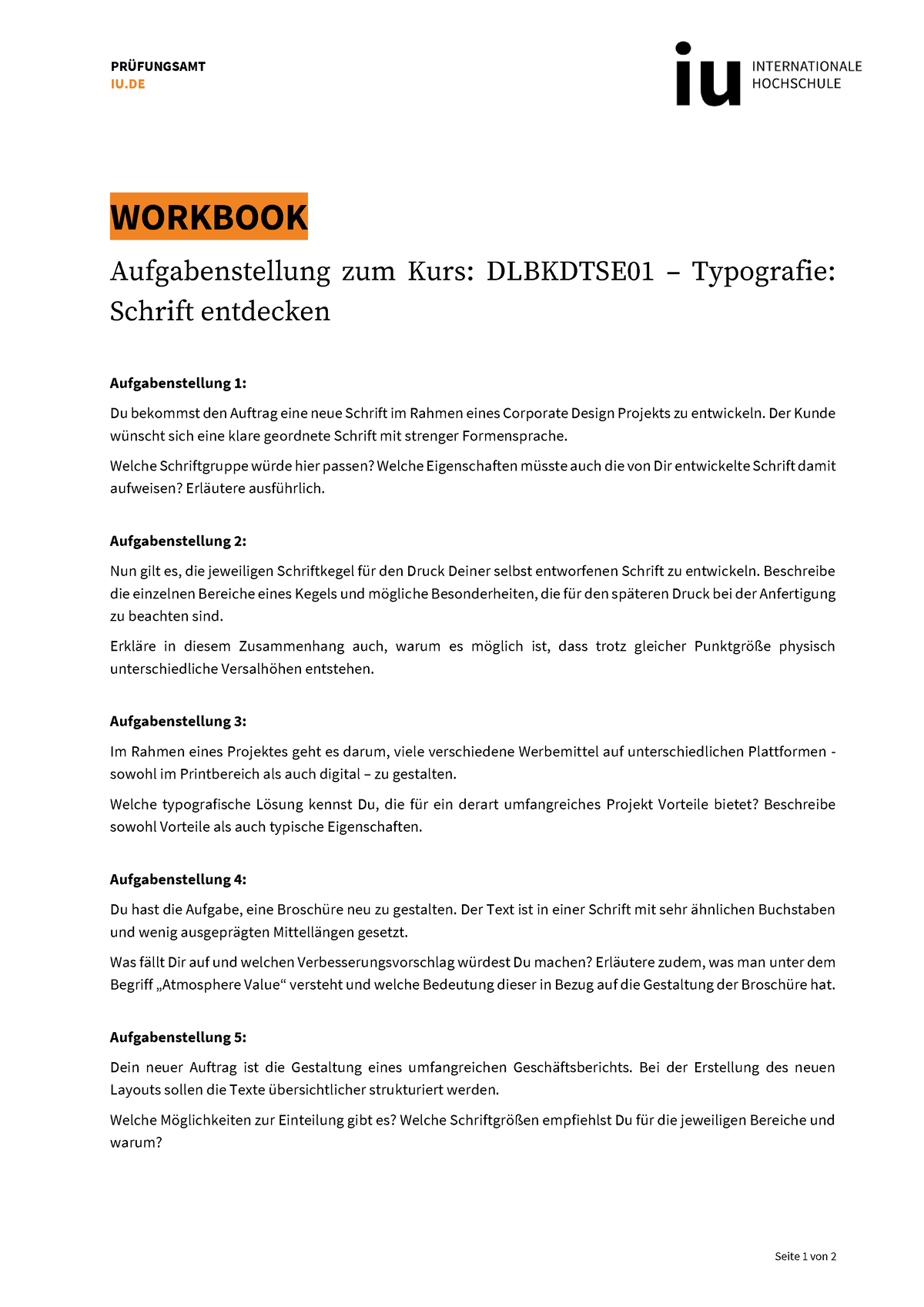 Aufgabenstellung Workbook Dlbkdtse 01 - Seite 1 Von 2 PR‹FUNGSAMT IU ...