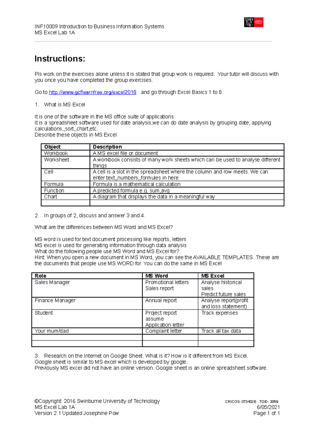 IBIS MS Excel Lab 1A V2 week 19 INF10009 Introduction to Business