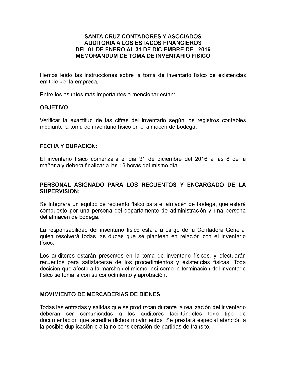 Memorandum de inventario fisico - SANTA CRUZ CONTADORES Y ASOCIADOS  AUDITORIA A LOS ESTADOS - Studocu