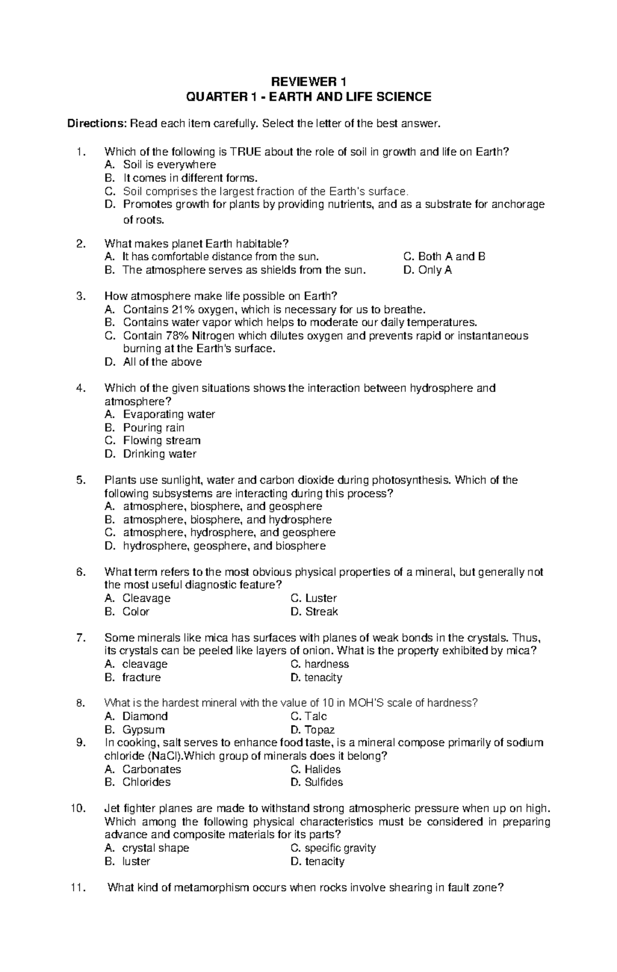 Reviewer 1 Q1 Earth AND LIFE - REVIEWER 1 QUARTER 1 - EARTH AND LIFE ...