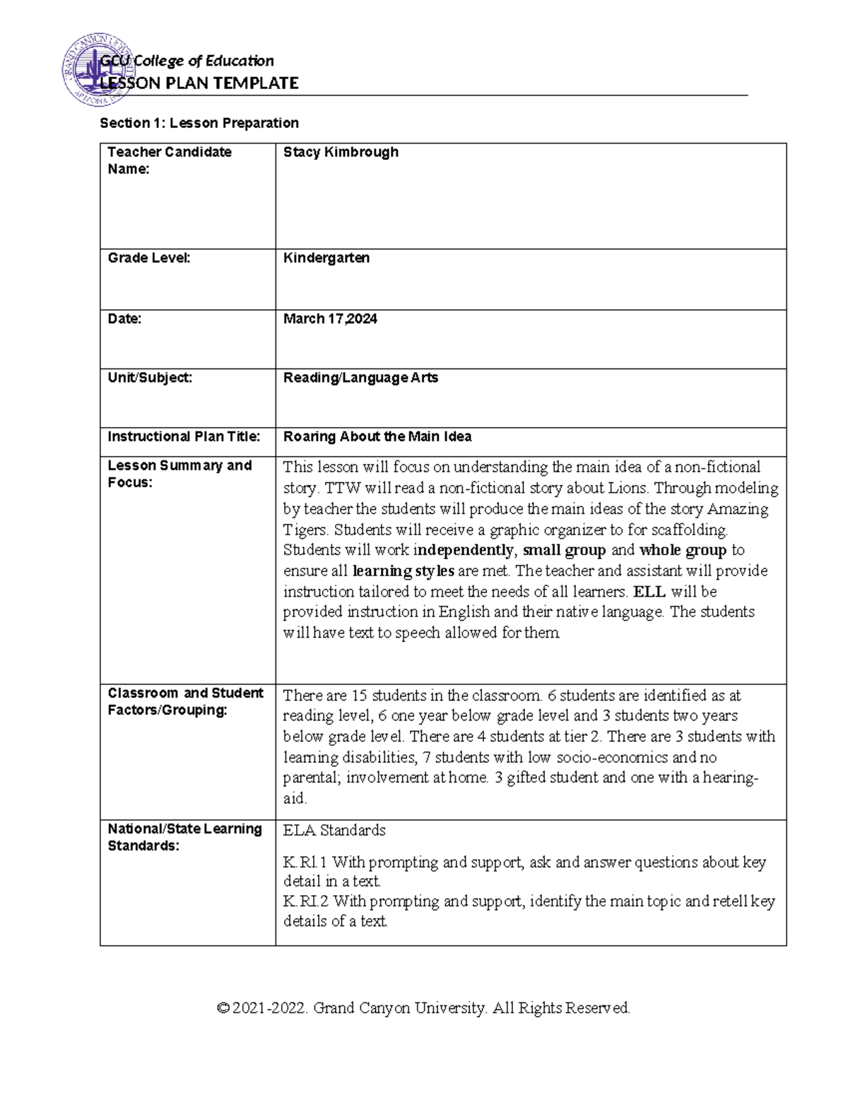 Book Walk Lesson Plan - ELM-315 - LESSON PLAN TEMPLATE Section 1 ...