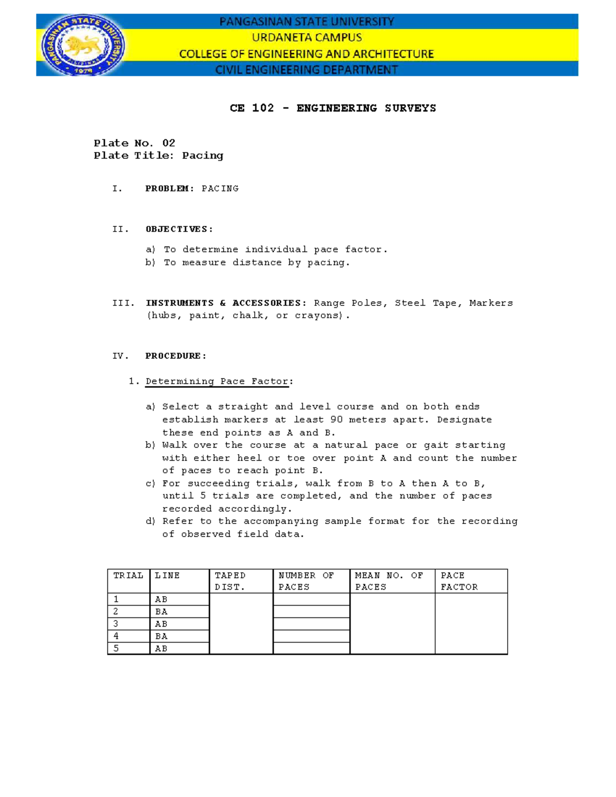 CE 102 - Plate No. 2 - CE 102 - ENGINEERING SURVEYS Plate No. 02 Plate ...