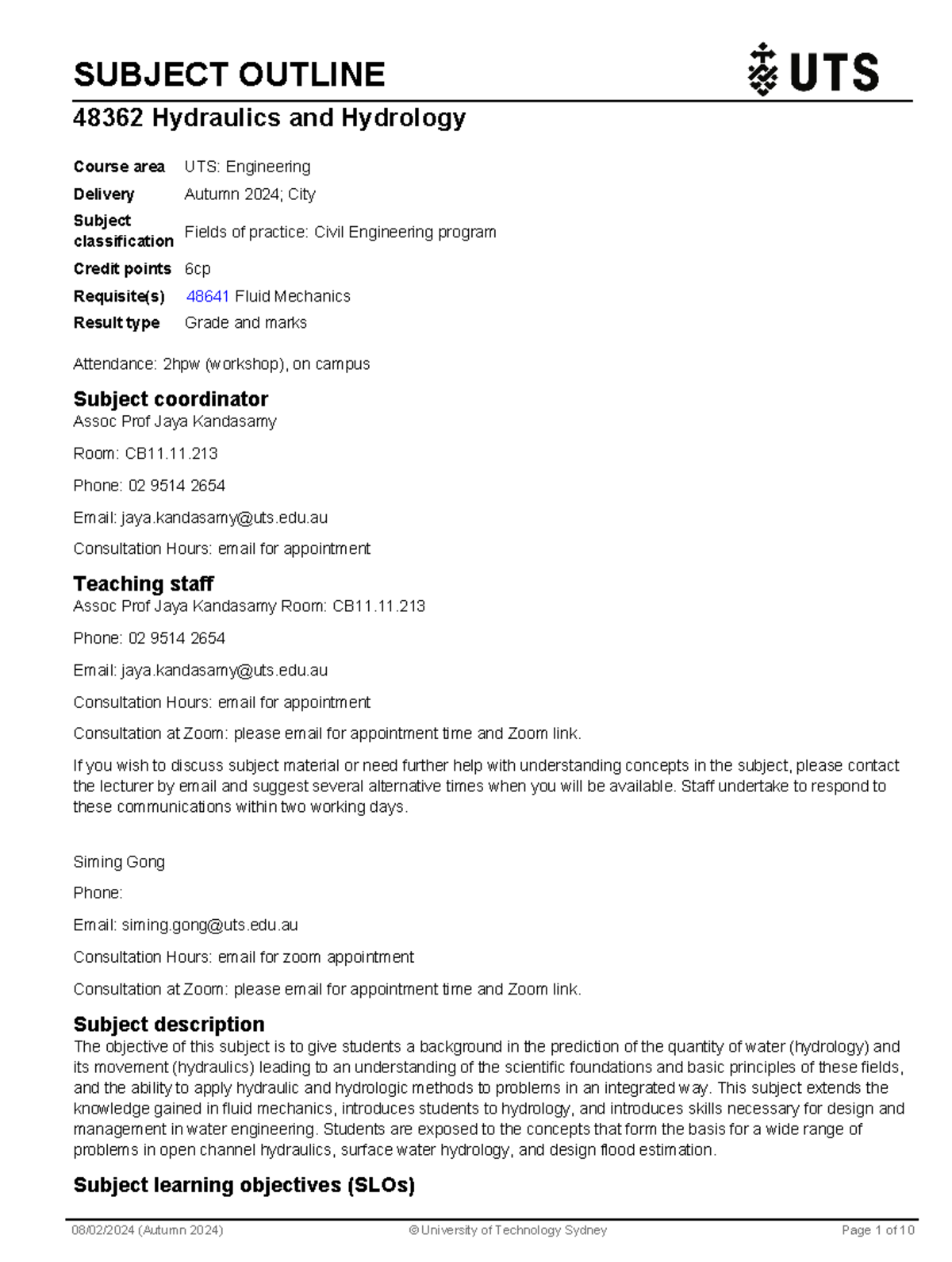 Hydraulics and hydrology sub outline SUBJECT OUTLINE 48362 Hydraulics