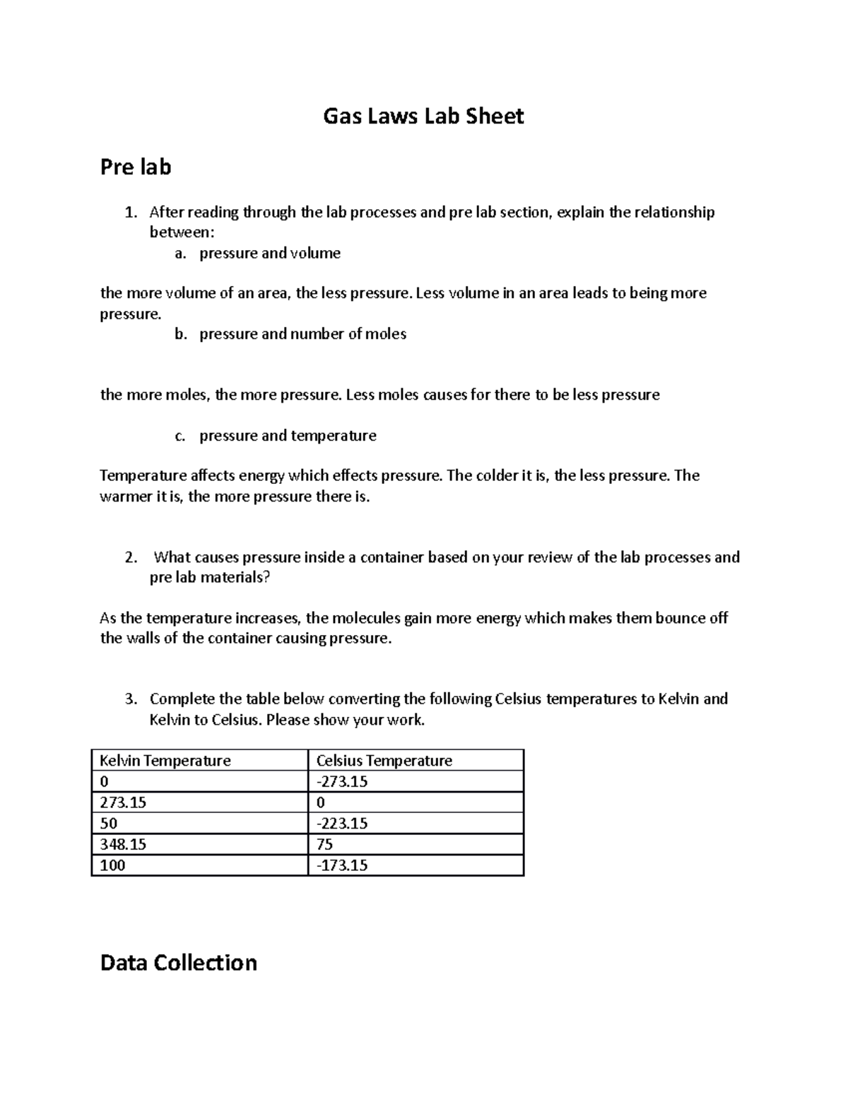 Gas Laws Lab Sheet - Gas Laws Lab Sheet Pre lab After reading through ...