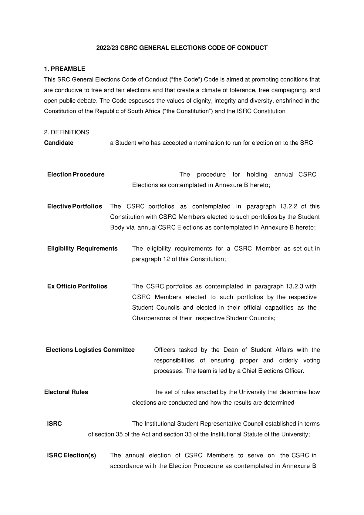 Code of Conduct Governing Election 2022/23 CSRC GENERAL ELECTIONS