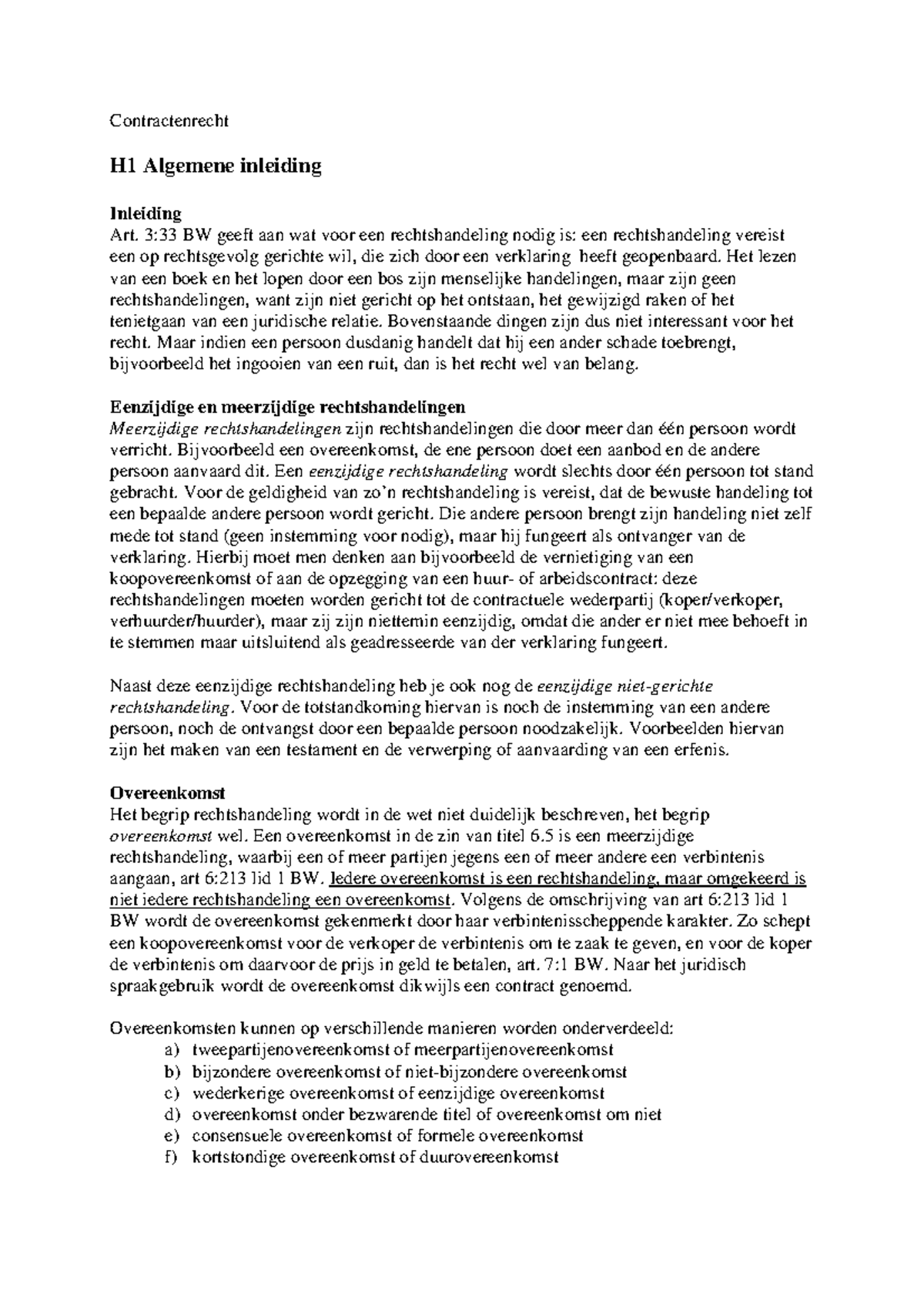 Samenvatting Contractenrecht  Contractenrecht H1 Algemene inleiding