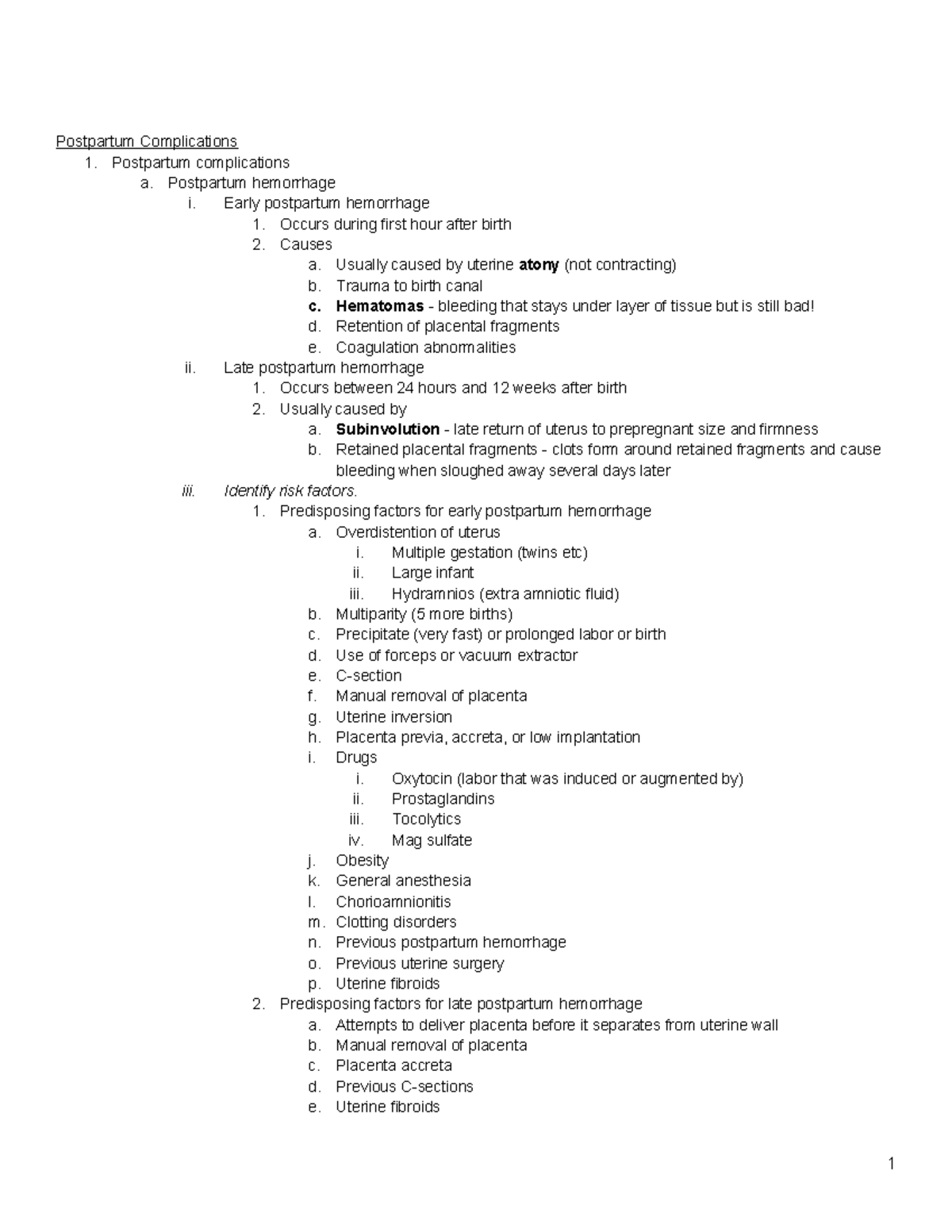 OB final notes - Postpartum Complications 1. Postpartum complications a ...