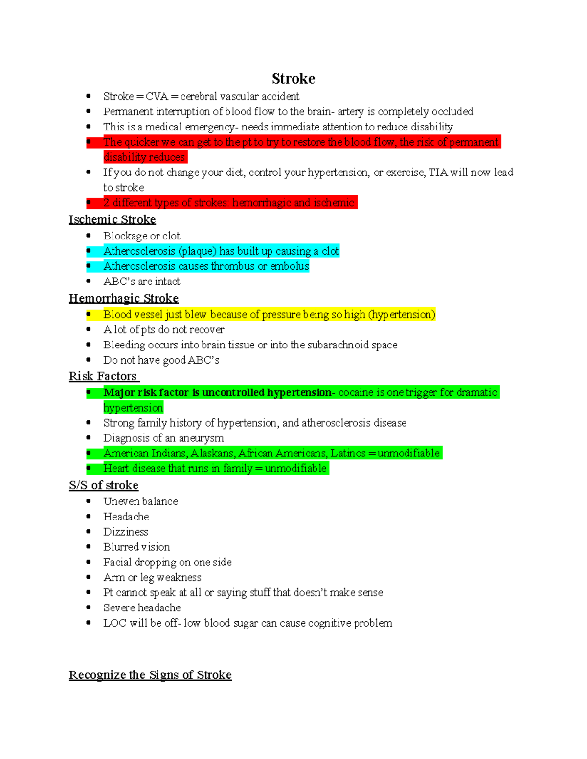 Chap 41 Stroke EXAM Review - Stroke Stroke = CVA = Cerebral Vascular ...