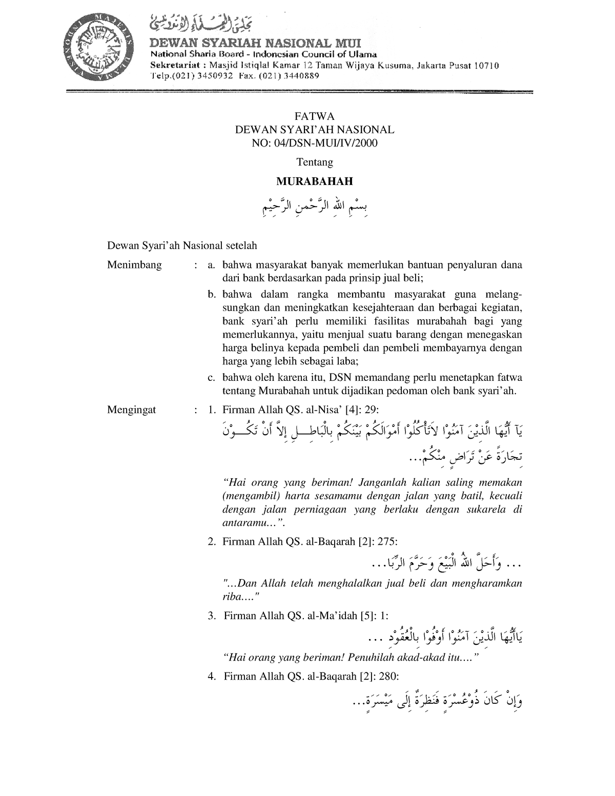 04-Murabahah - Fatwa DSN Mengenai Murabahah - FATWA DEWAN SYARI’AH ...