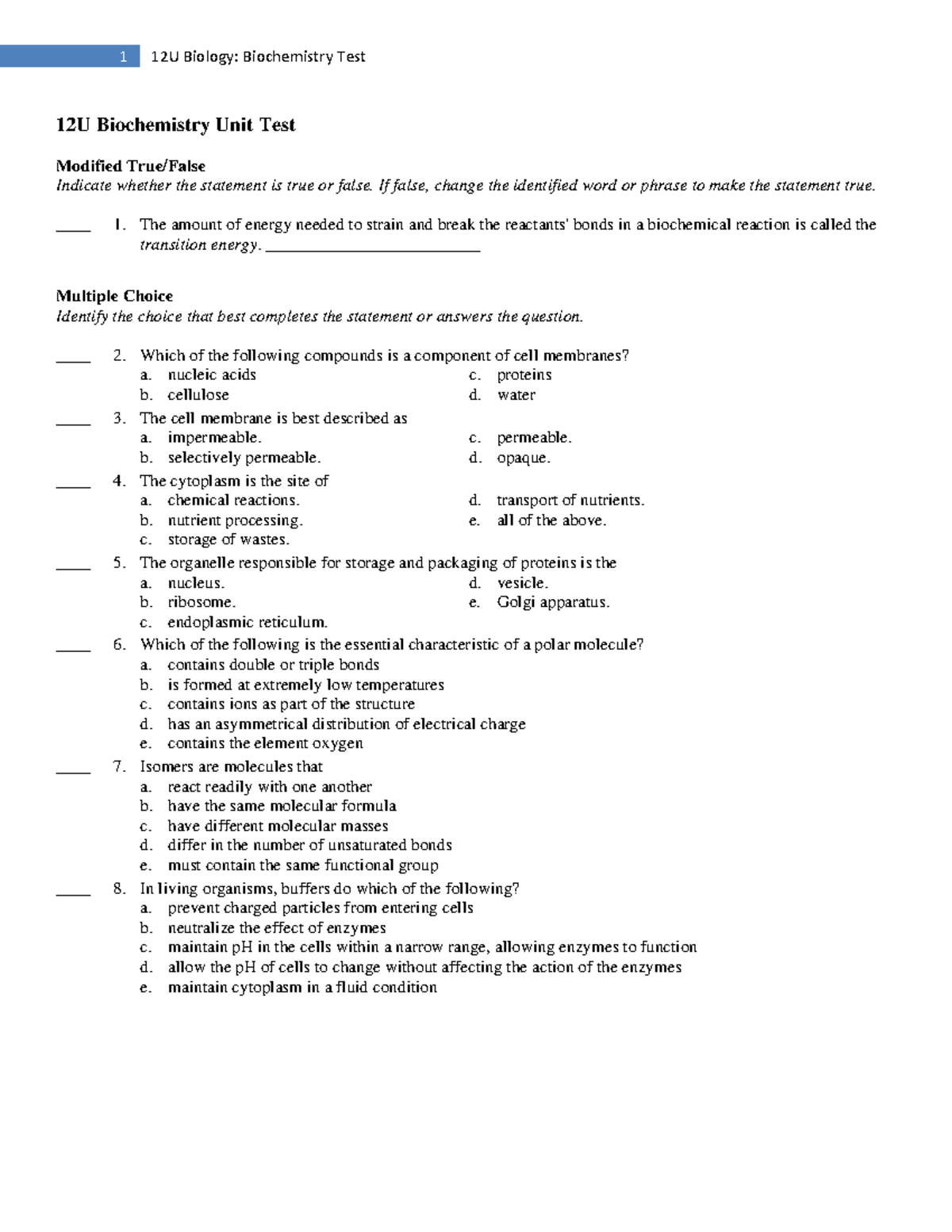 Biochemistry Unit Test (With Answers and Achievement Chart) 12U