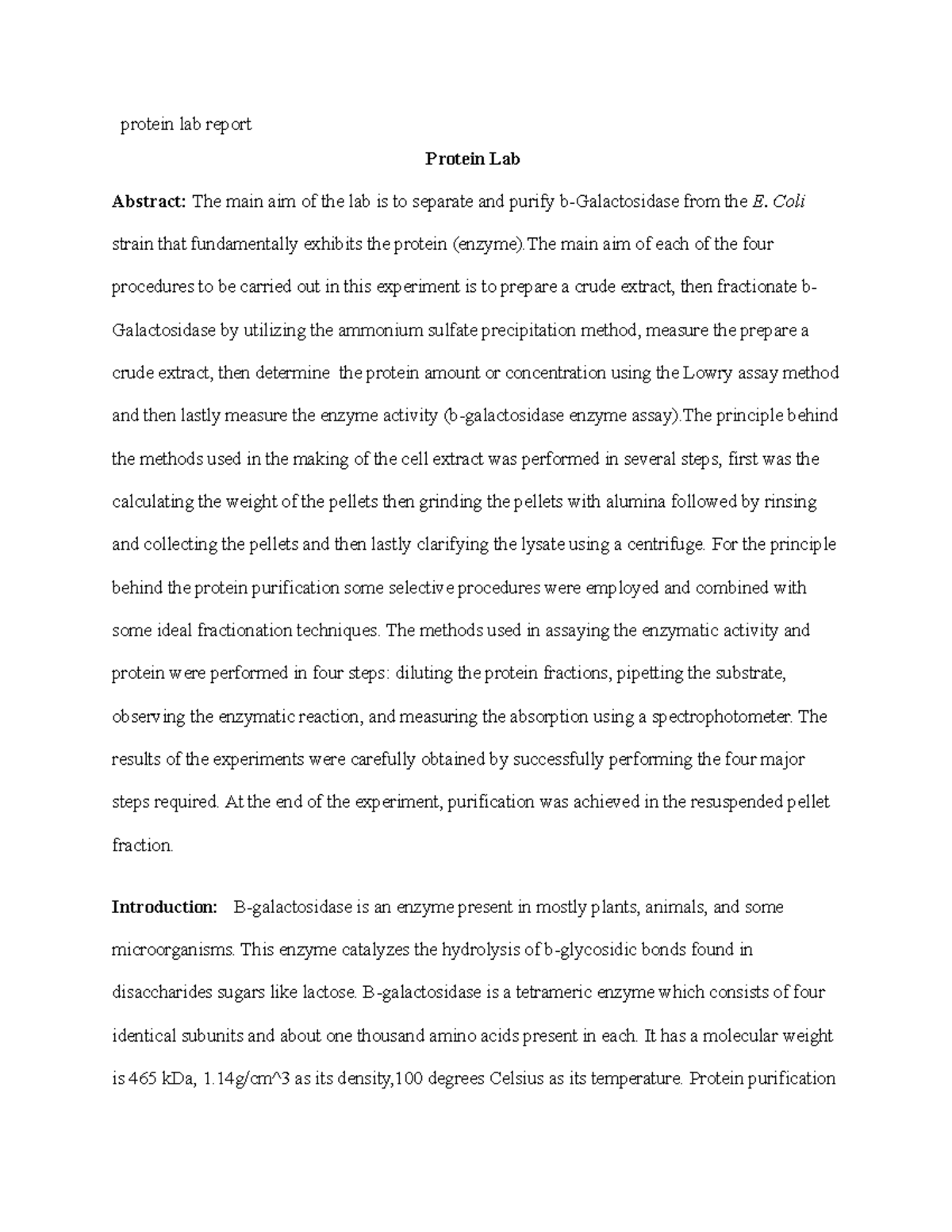 Protein lab report TB - protein lab report Protein Lab Abstract: The ...