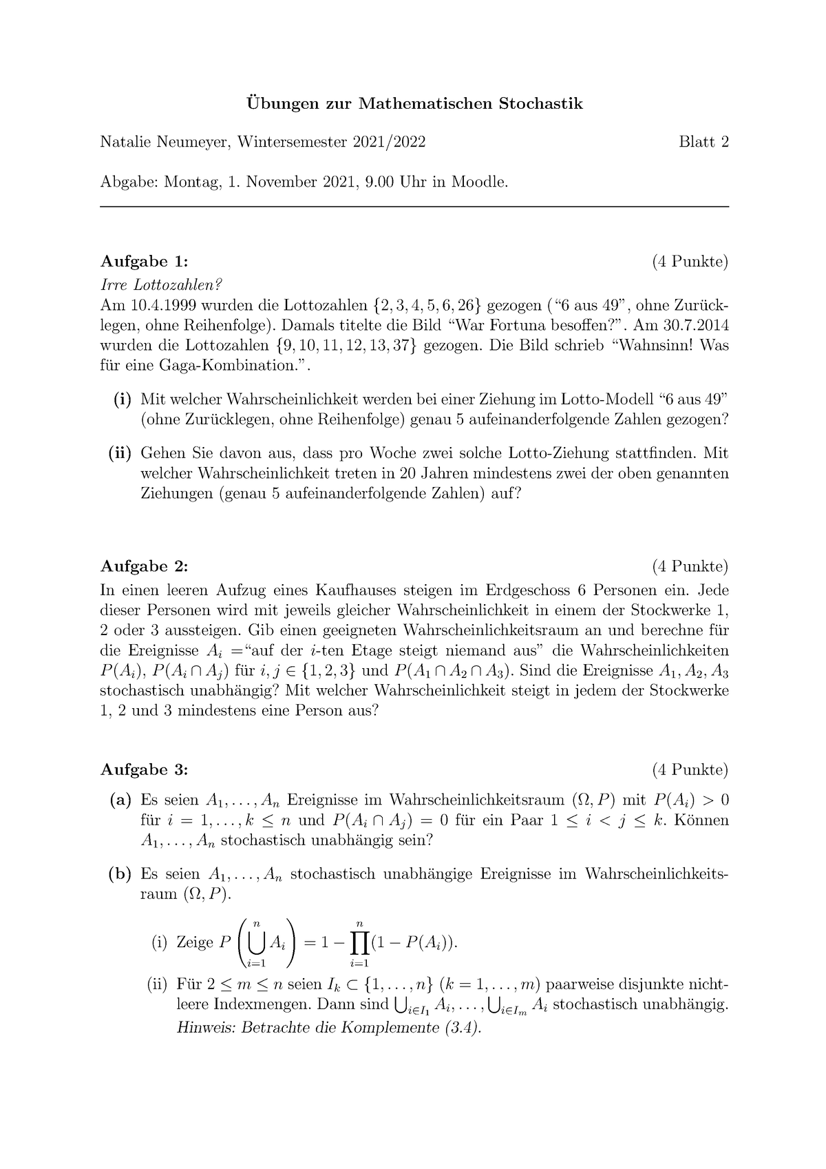 Blatt 2 - Aufgaben Aus Dem WiSe 2021/22 - Ubungen Zur Mathematischen ...