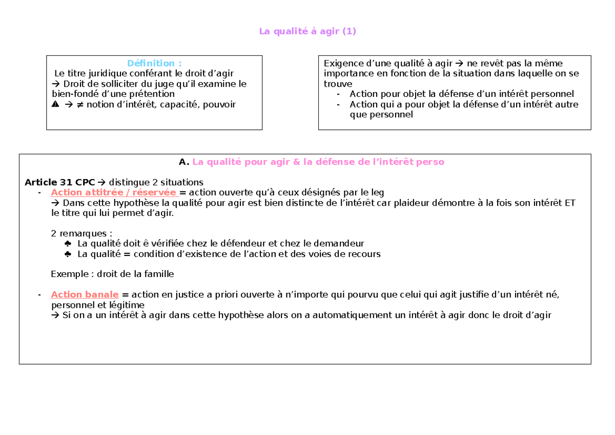 La qualité à agir en justice - La qualité à agir (1) Exigence d’une