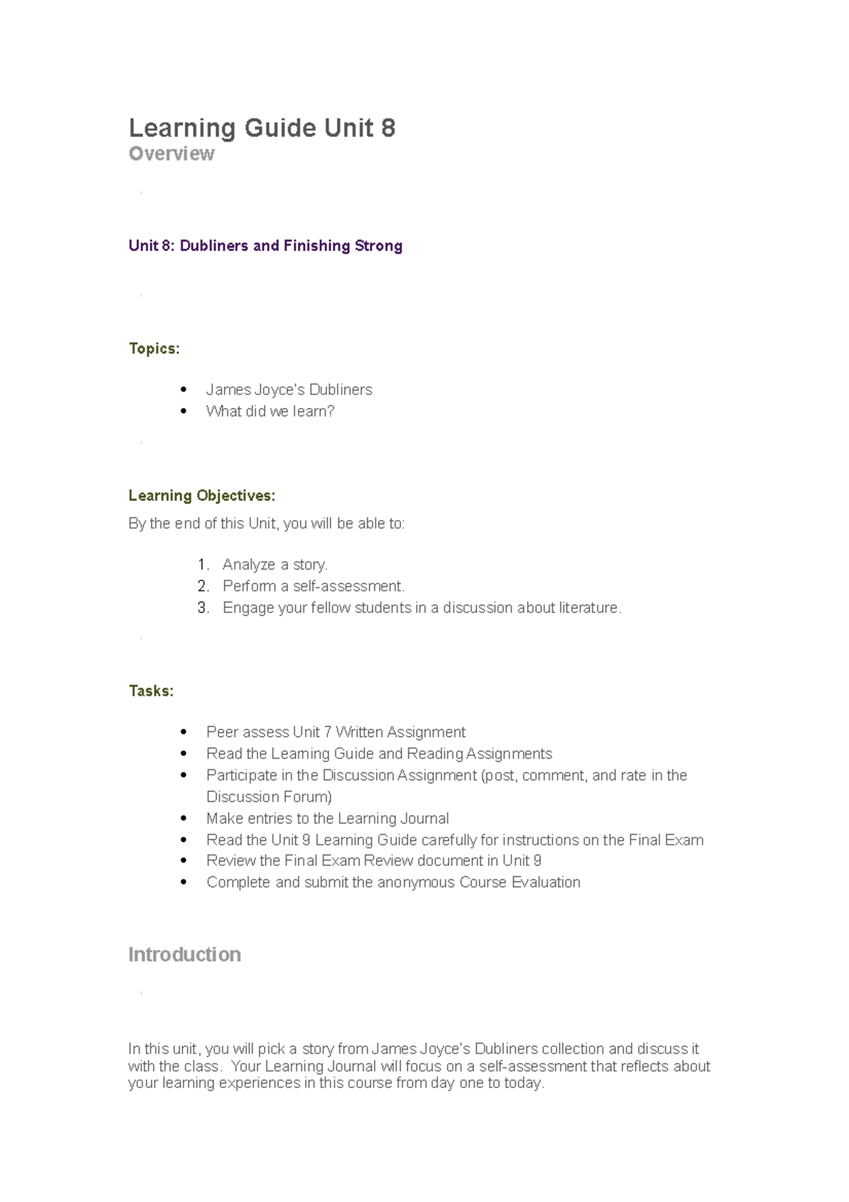 UNIT 8 Dubliners and Finishing Strong - Learning Guide Unit 8 Overview ...