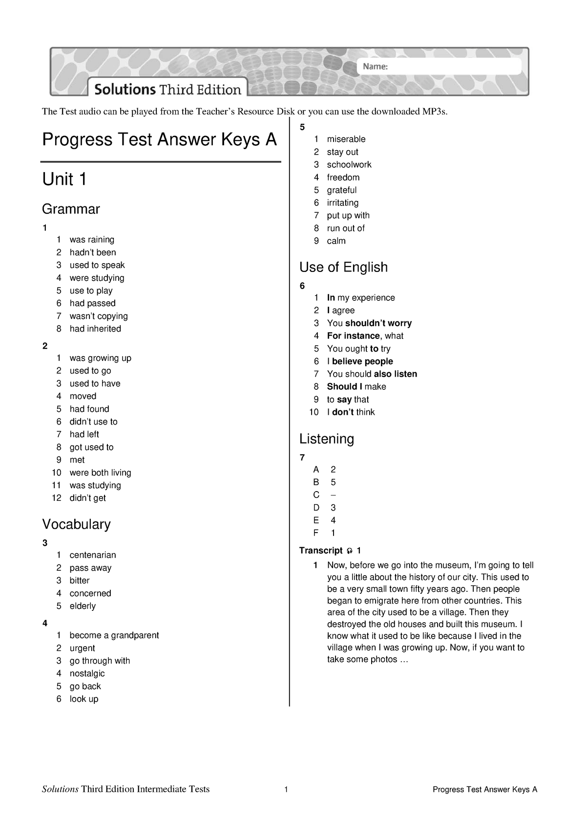 Sol3e Int Progress Test Answer Keys A - The Test Audio Can Be Played ...