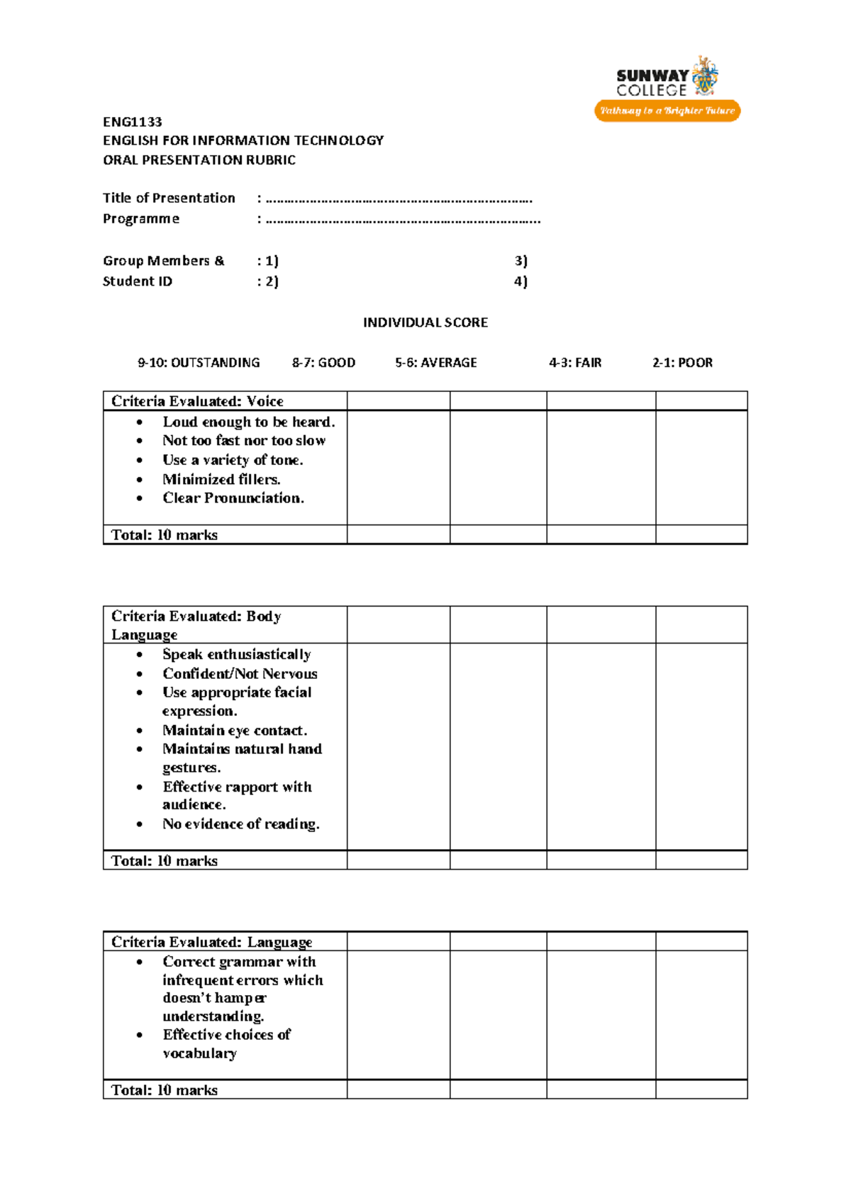 Oral Presentation Rubric - ENG ENGLISH FOR INFORMATION TECHNOLOGY ORAL ...