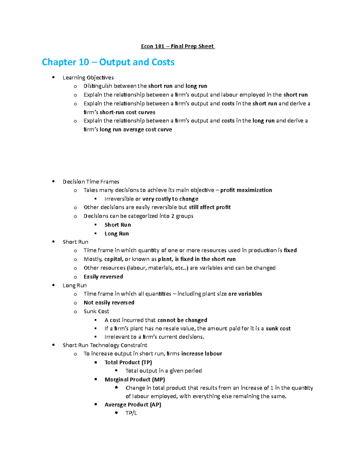 ECON 101 - Final - Notes - Econ 101 – Final Prep Sheet Chapter 10 ...