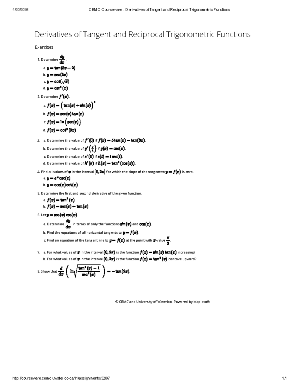 4 06 derivative of tanx and reciprocals exercises 4 20 2016 cemc