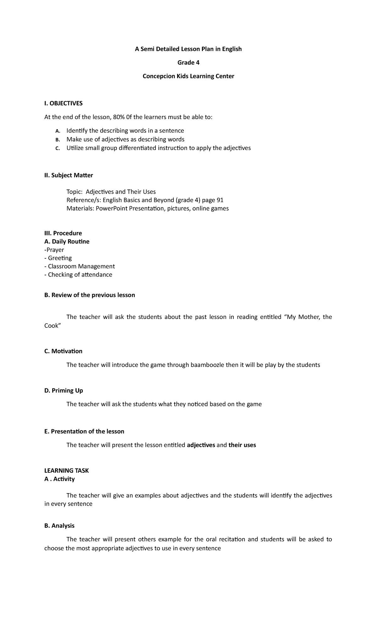 Detailed Lesson Plan About Adjectives Pdf