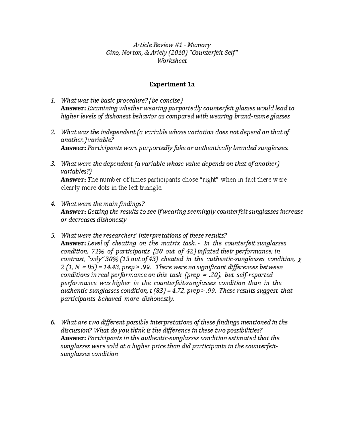 PSY 334 - Gino, Norton, Ariely (2010 ) worksheet-2 - Article Review #1 ...