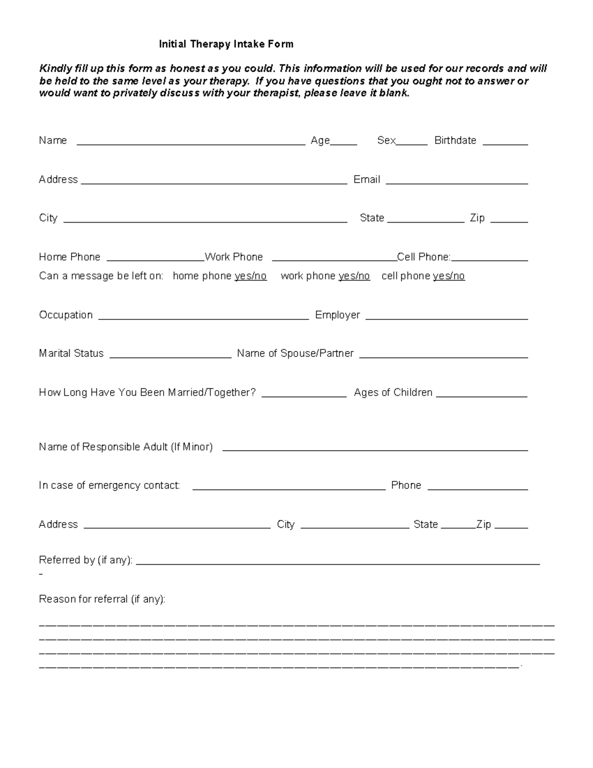 Initial Therapy Intake Form - Initial Therapy Intake Form Kindly fill ...